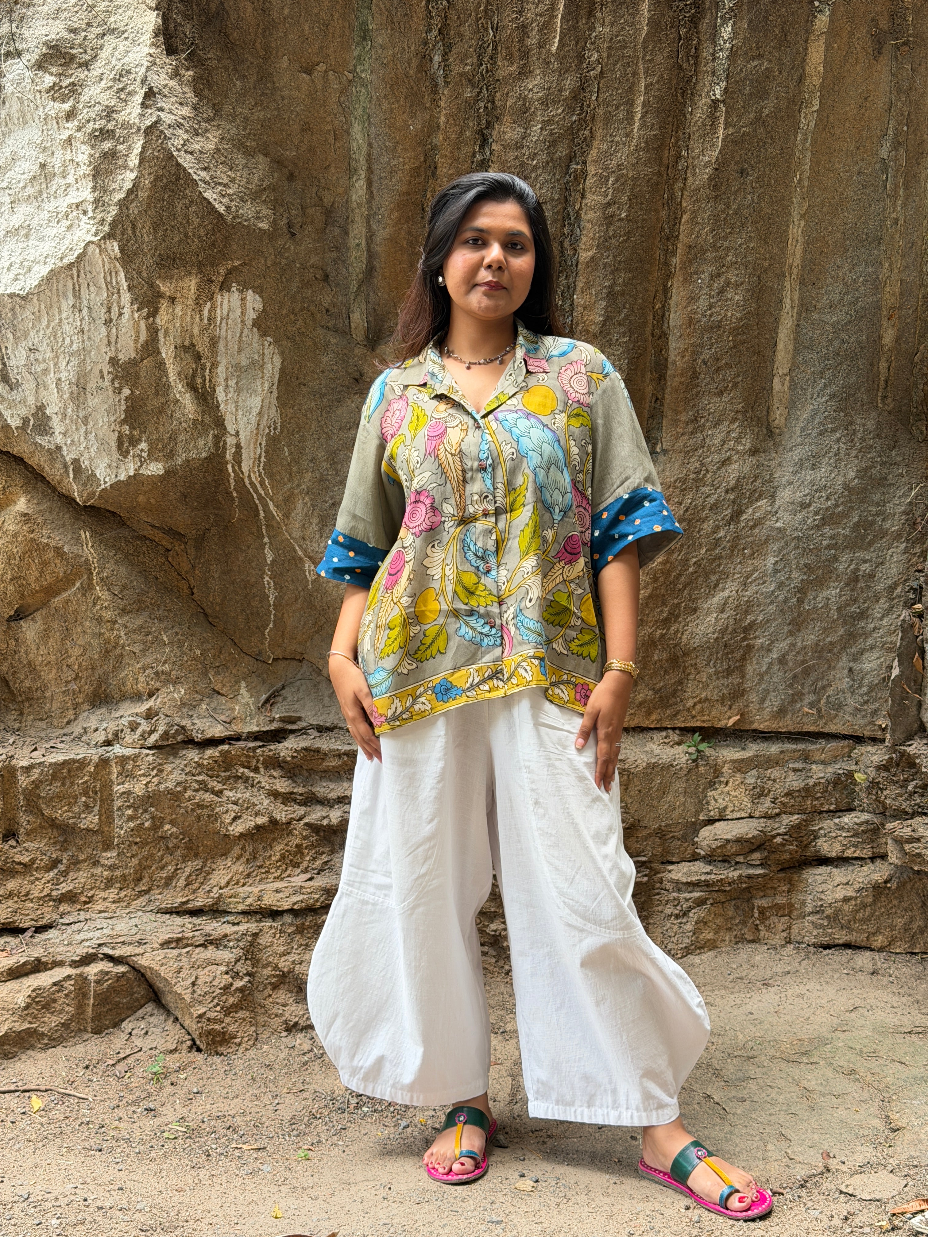 Hand-Painted Pen Kalamkari Bandhini Cotton Silk Shirt - 1