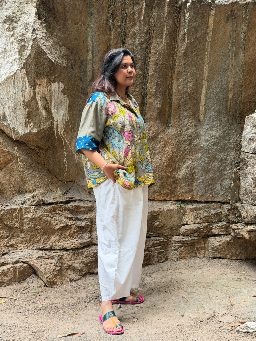 Hand-Painted Pen Kalamkari Bandhini Cotton Silk Shirt - 1