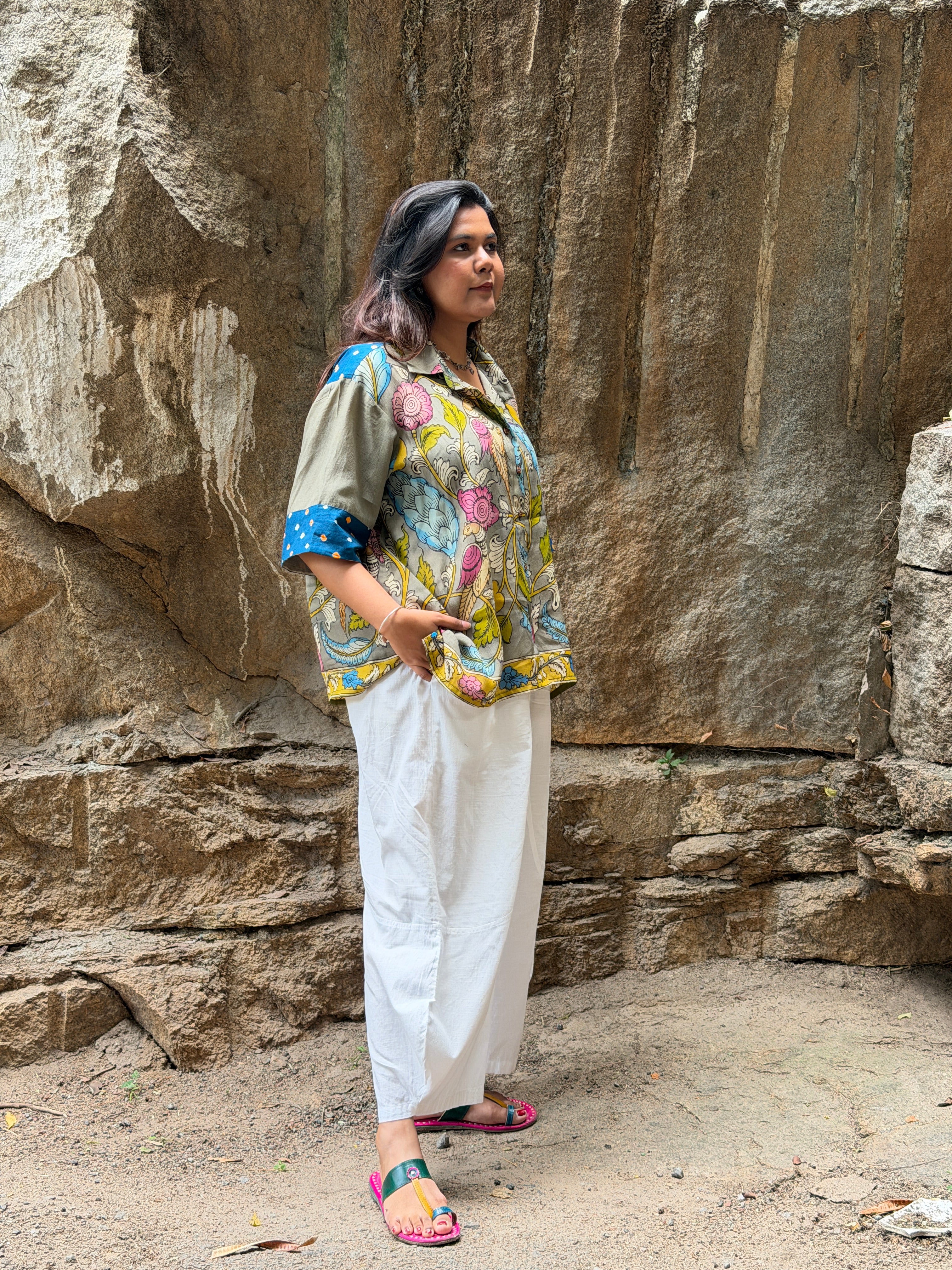 Hand-Painted Pen Kalamkari Bandhini Cotton Silk Shirt - 1