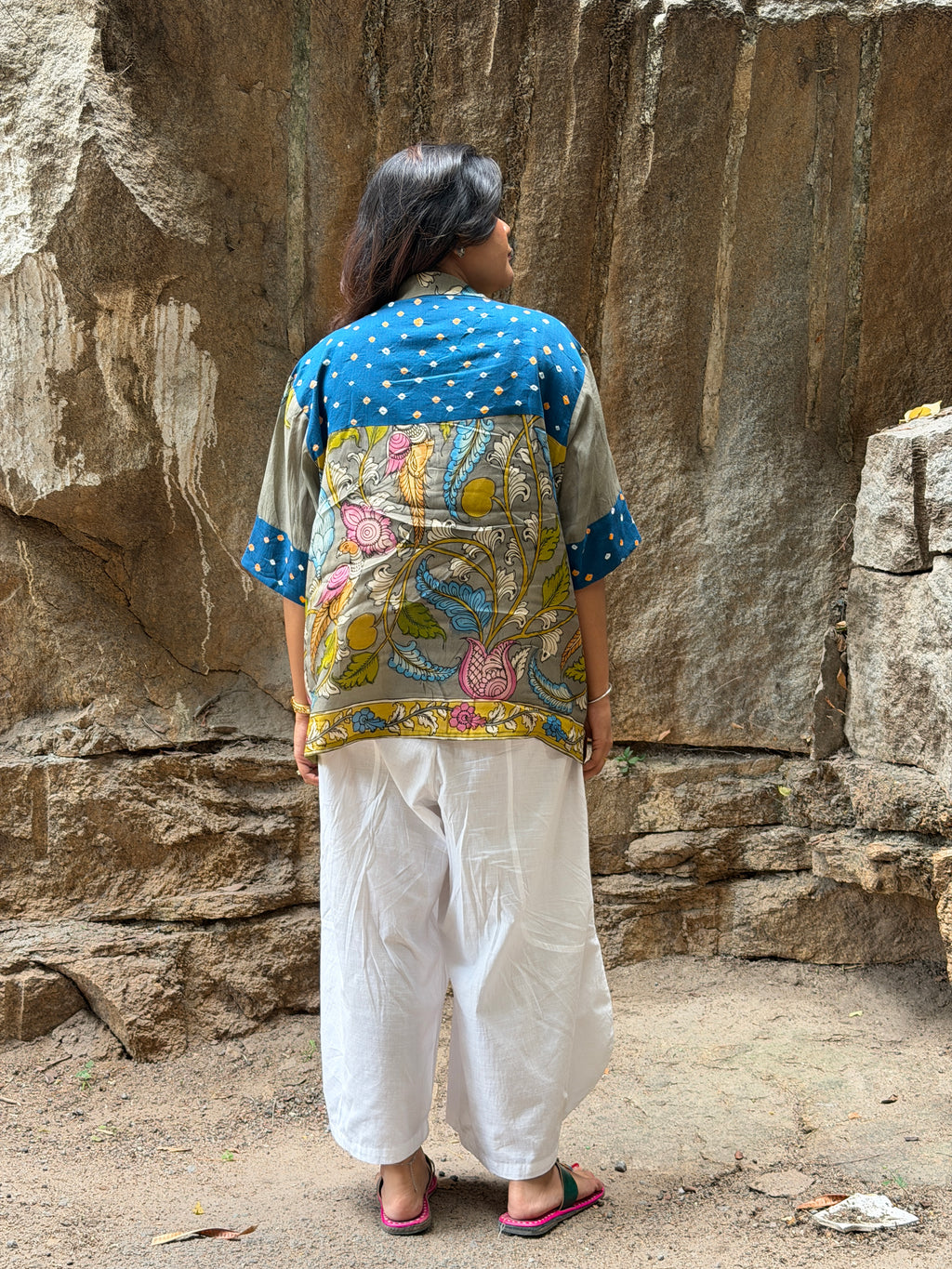 Hand-Painted Pen Kalamkari Bandhini Cotton Silk Shirt - 1