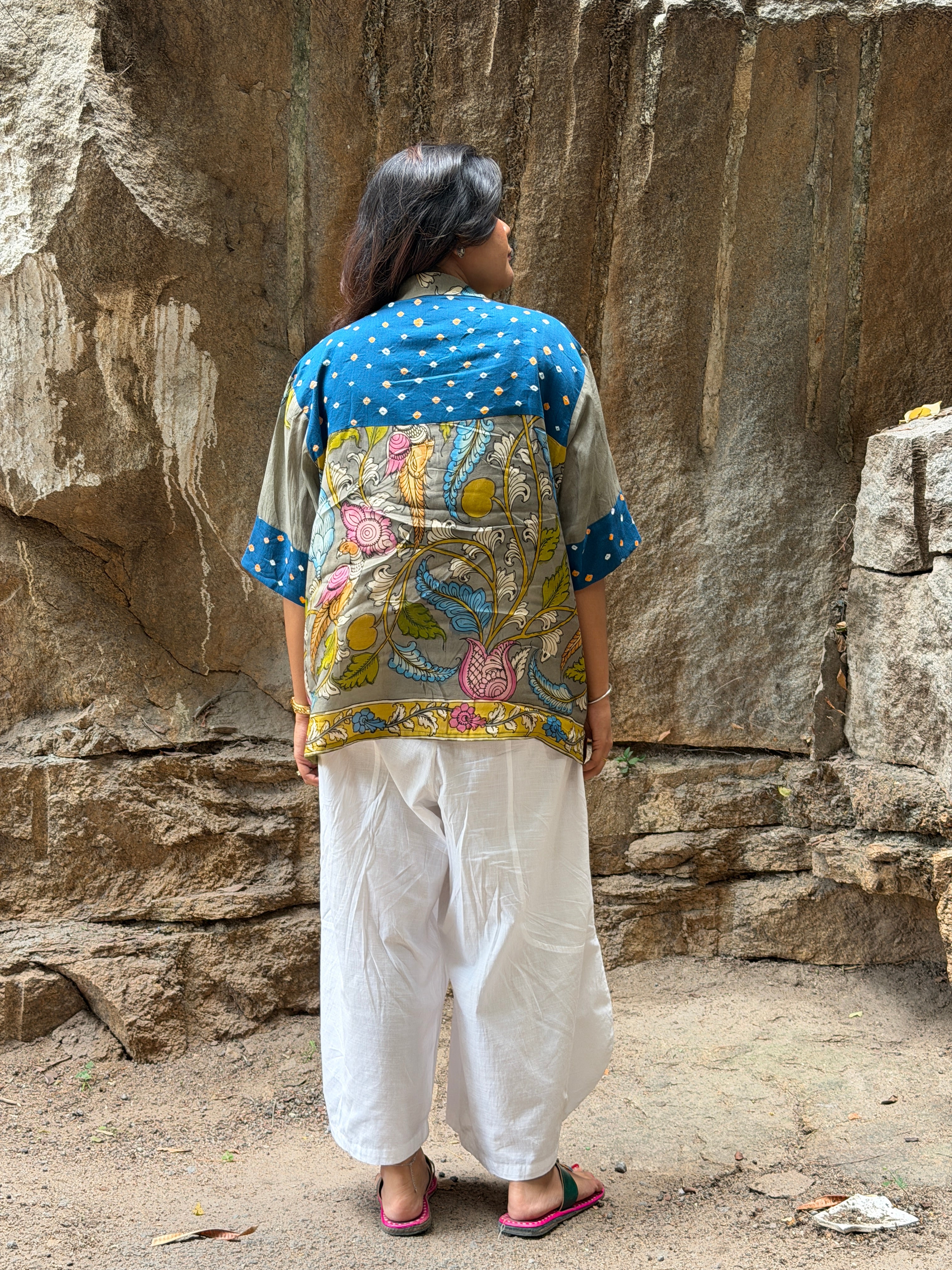 Hand-Painted Pen Kalamkari Bandhini Cotton Silk Shirt - 1