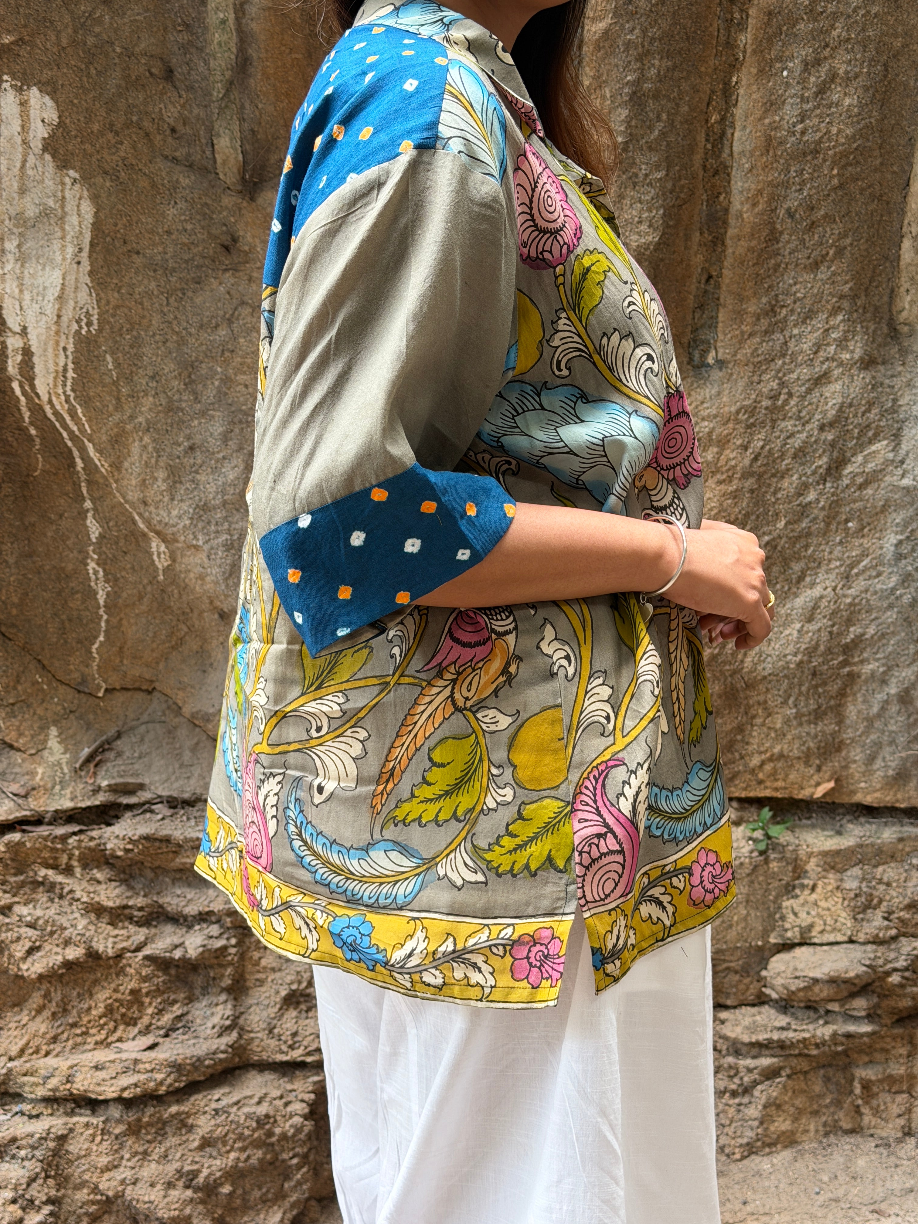 Hand-Painted Pen Kalamkari Bandhini Cotton Silk Shirt - 1