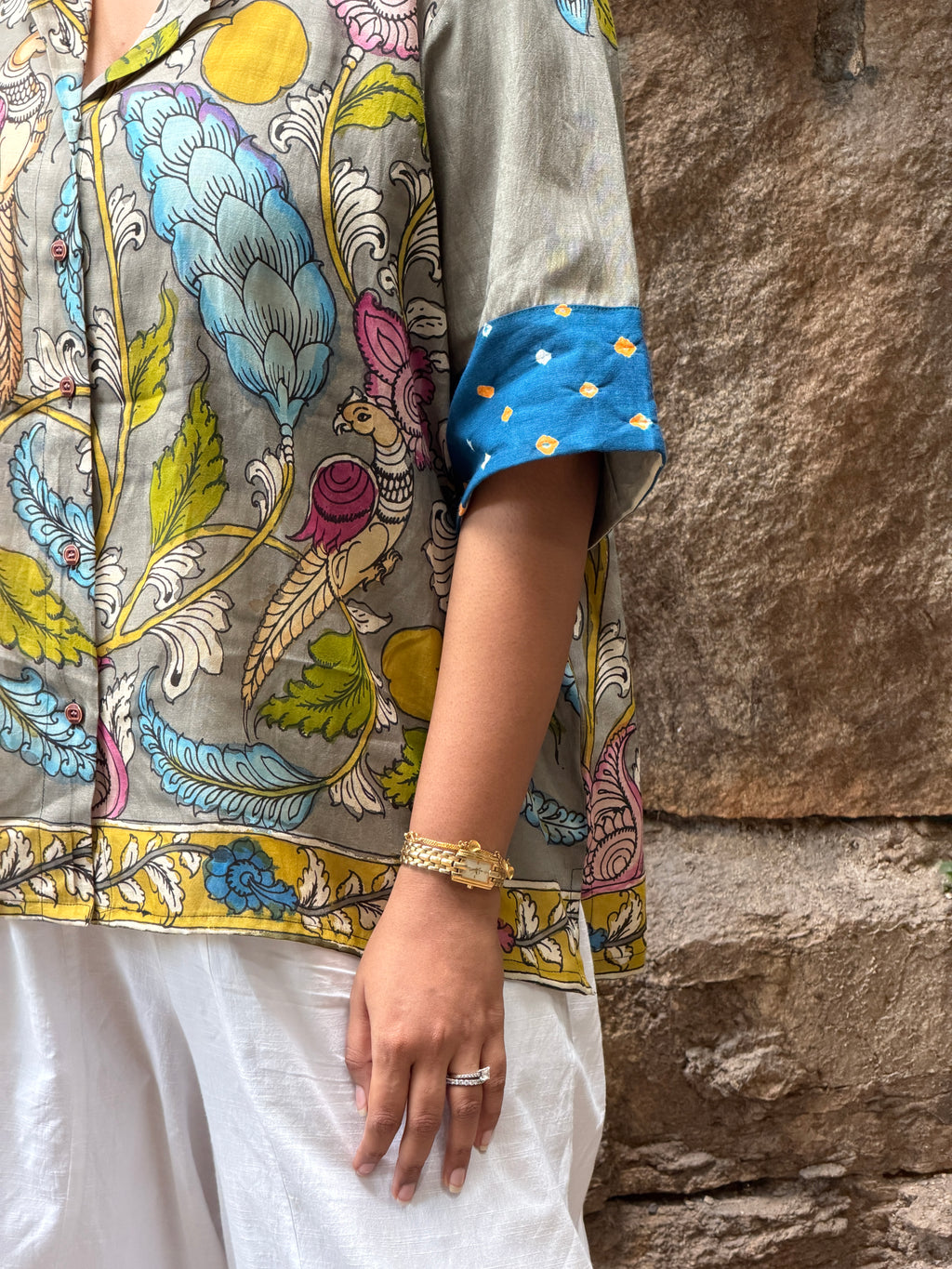 Hand-Painted Pen Kalamkari Bandhini Cotton Silk Shirt - 1