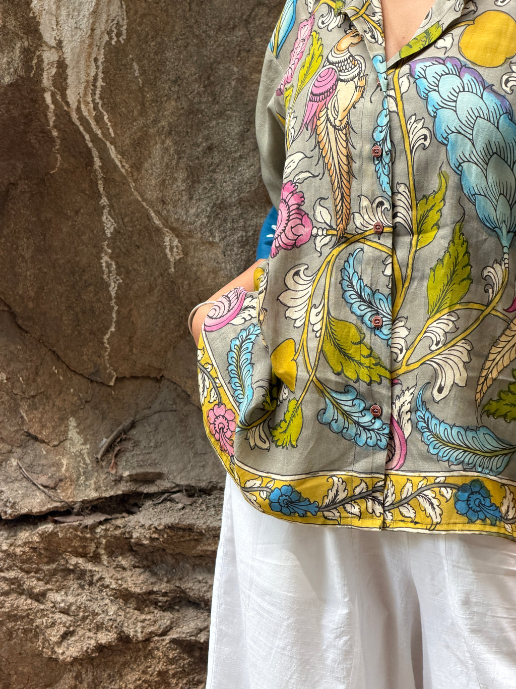 Hand-Painted Pen Kalamkari Bandhini Cotton Silk Shirt - 1