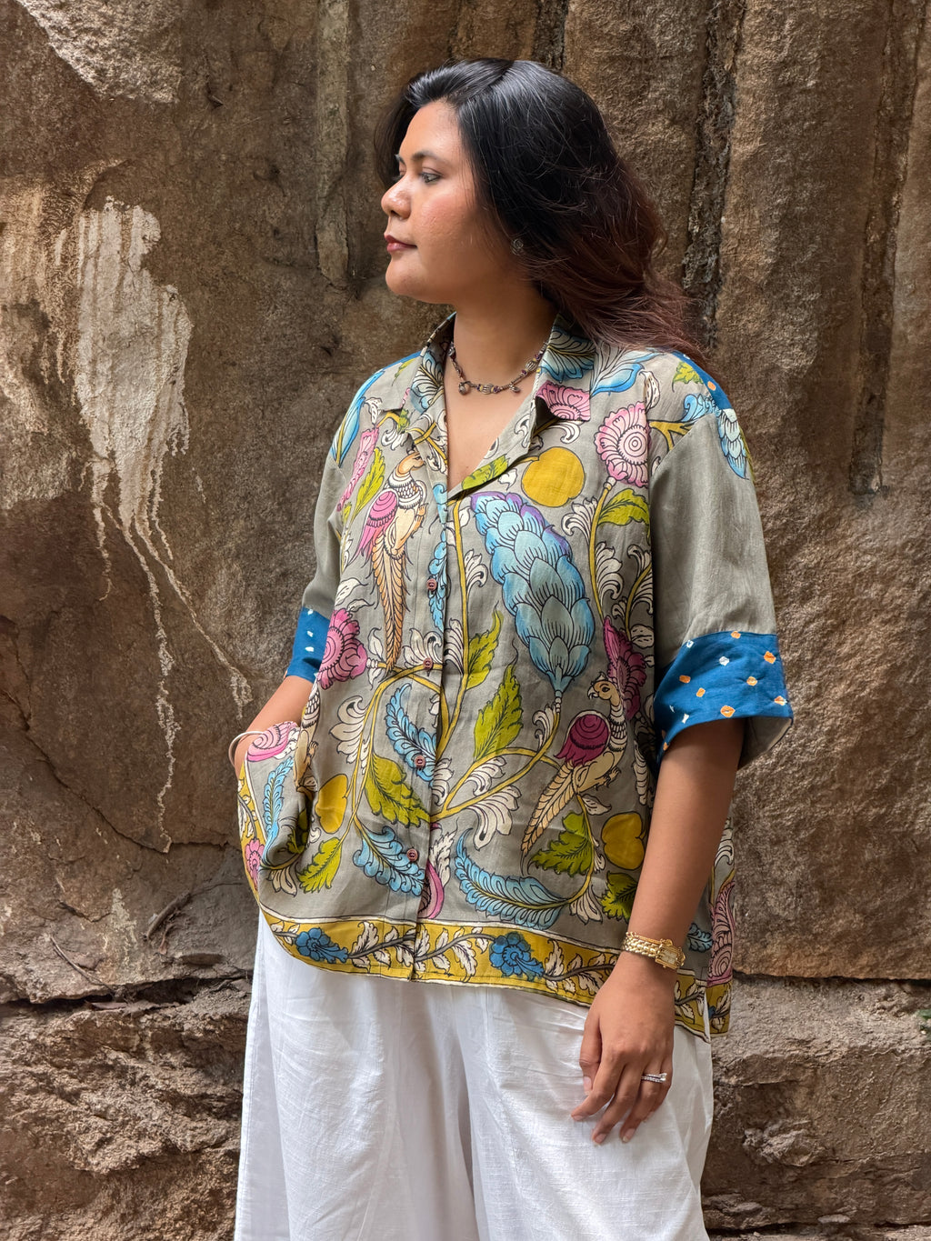 Hand-Painted Pen Kalamkari Bandhini Cotton Silk Shirt - 1
