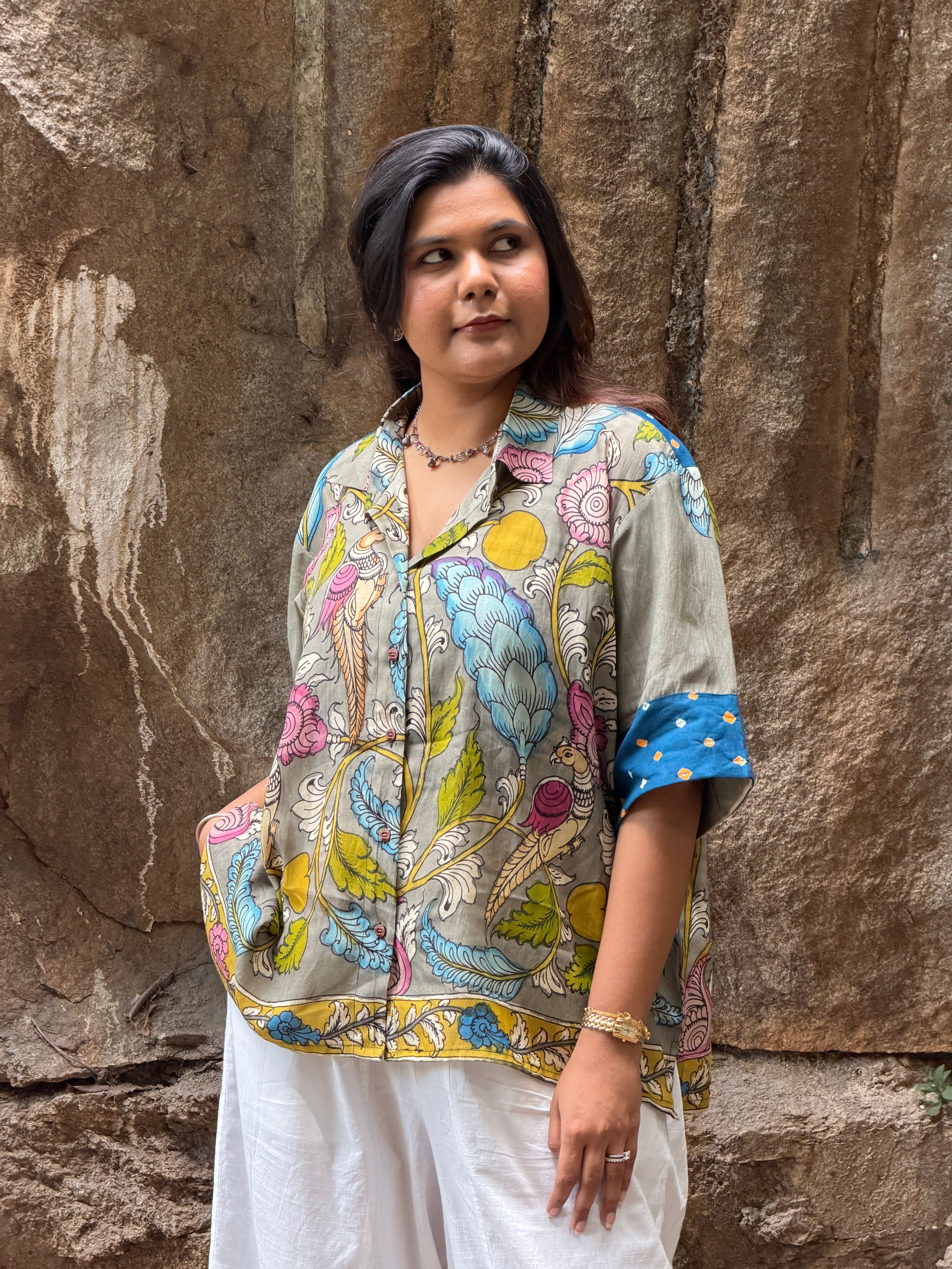 Hand-Painted Pen Kalamkari Bandhini Cotton Silk Shirt - 1