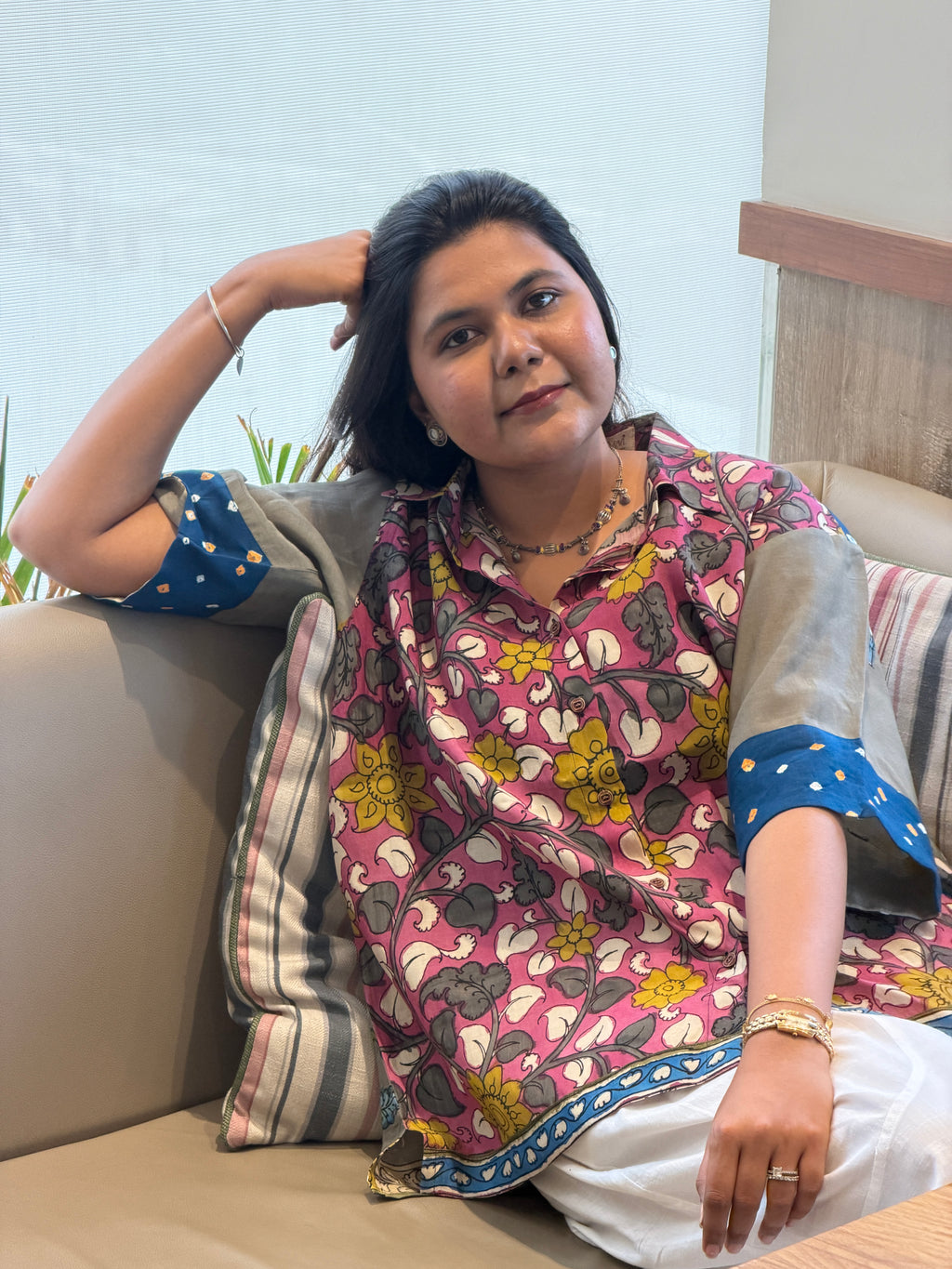 Hand-Painted Pen Kalamkari Bandhini Cotton Silk Shirt - 2