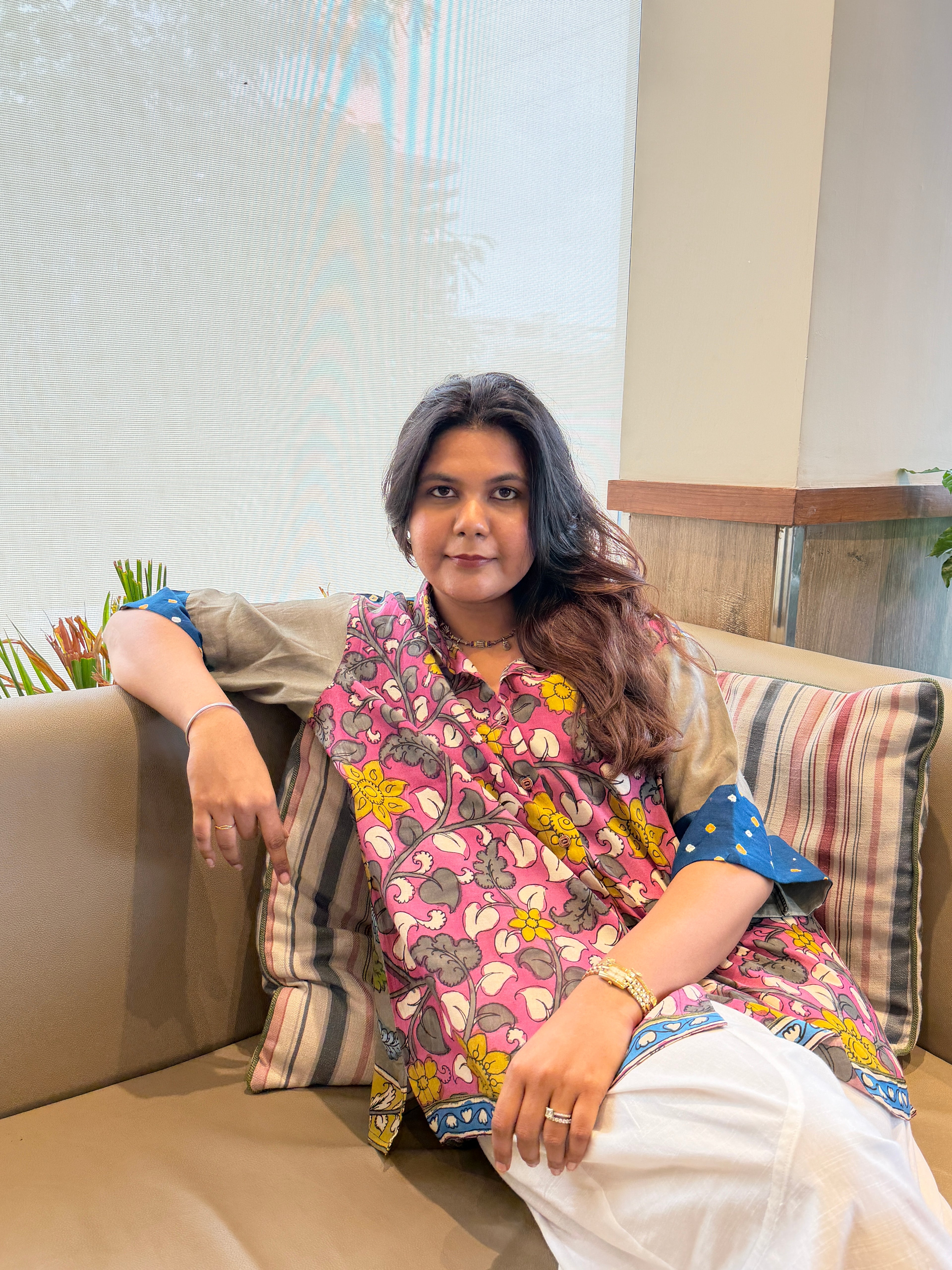 Hand-Painted Pen Kalamkari Bandhini Cotton Silk Shirt - 2