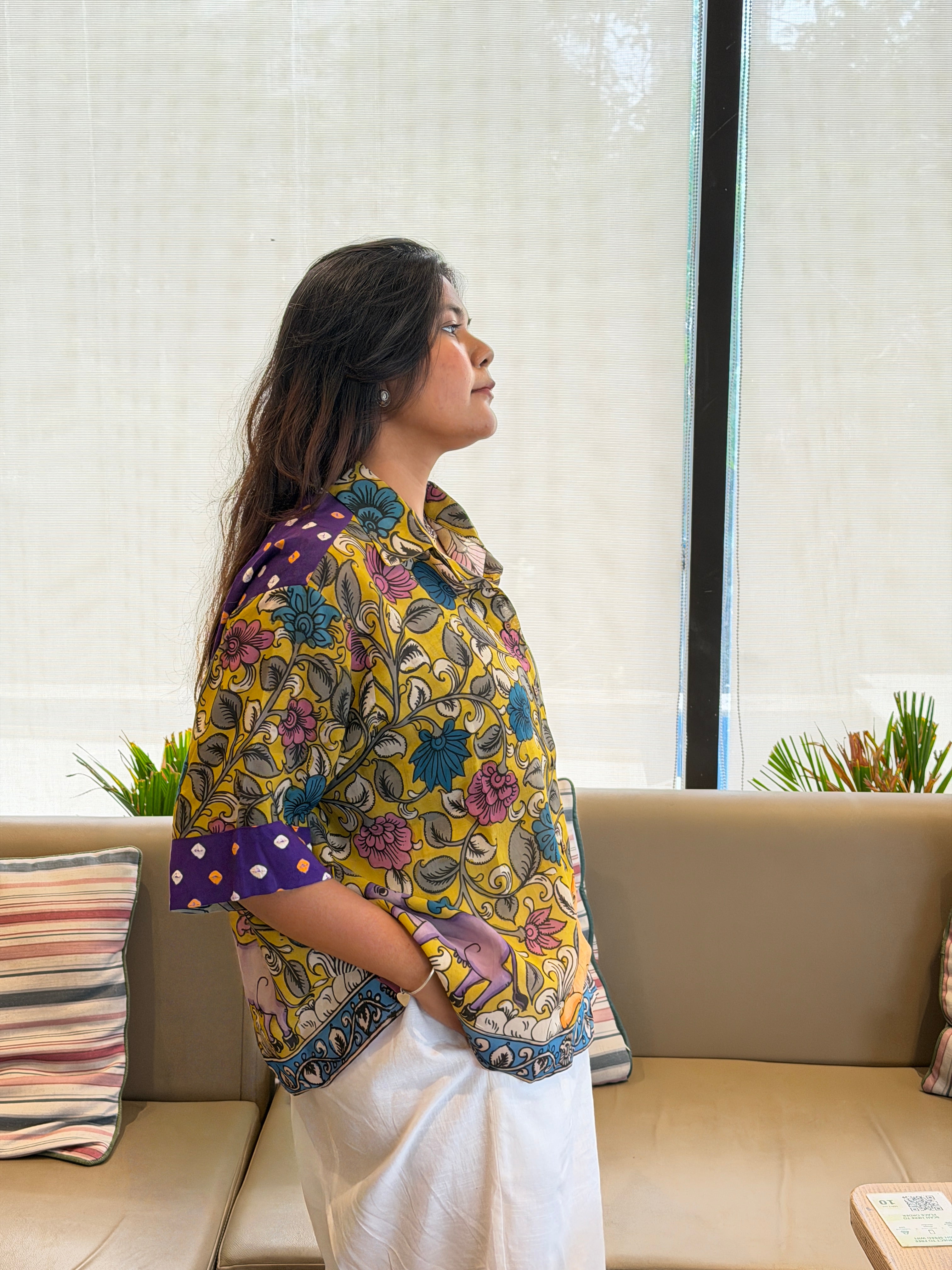Hand-Painted Pen Kalamkari Bandhini Cotton Silk Shirt - 3