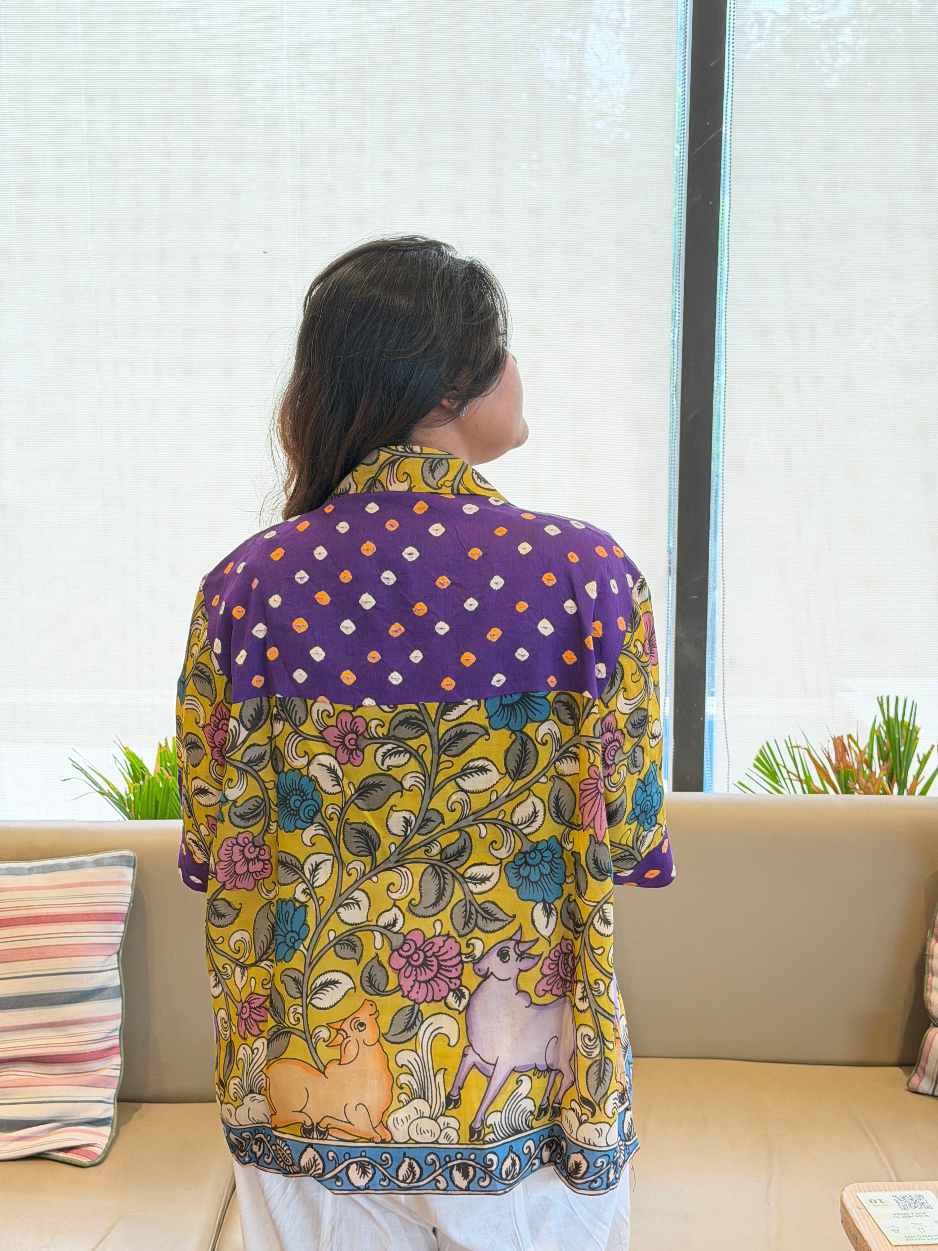 Hand-Painted Pen Kalamkari Bandhini Cotton Silk Shirt - 3