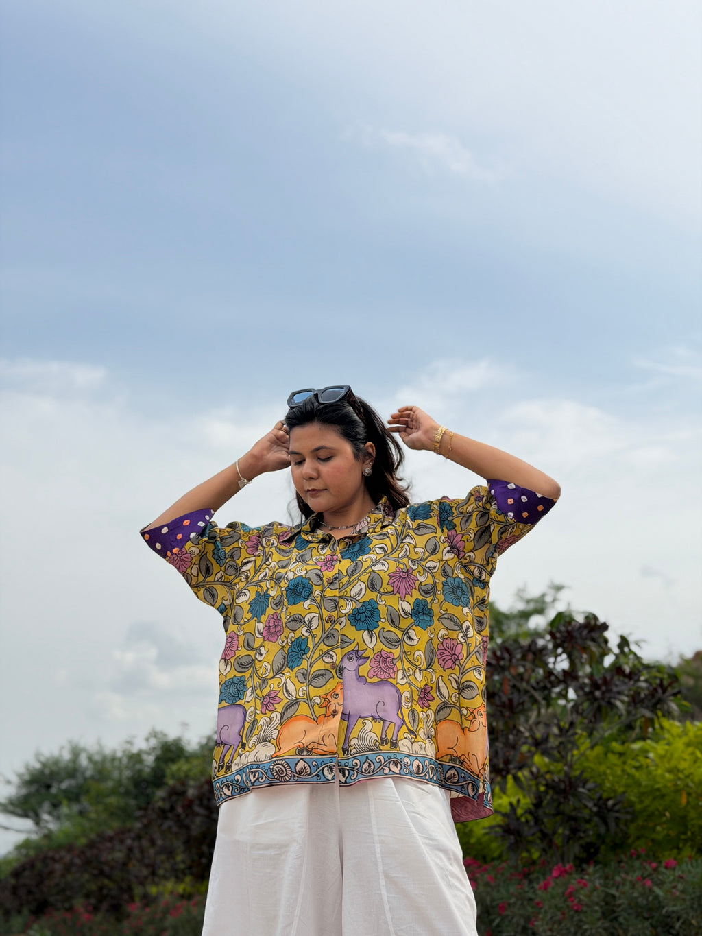 Hand-Painted Pen Kalamkari Bandhini Cotton Silk Shirt - 3