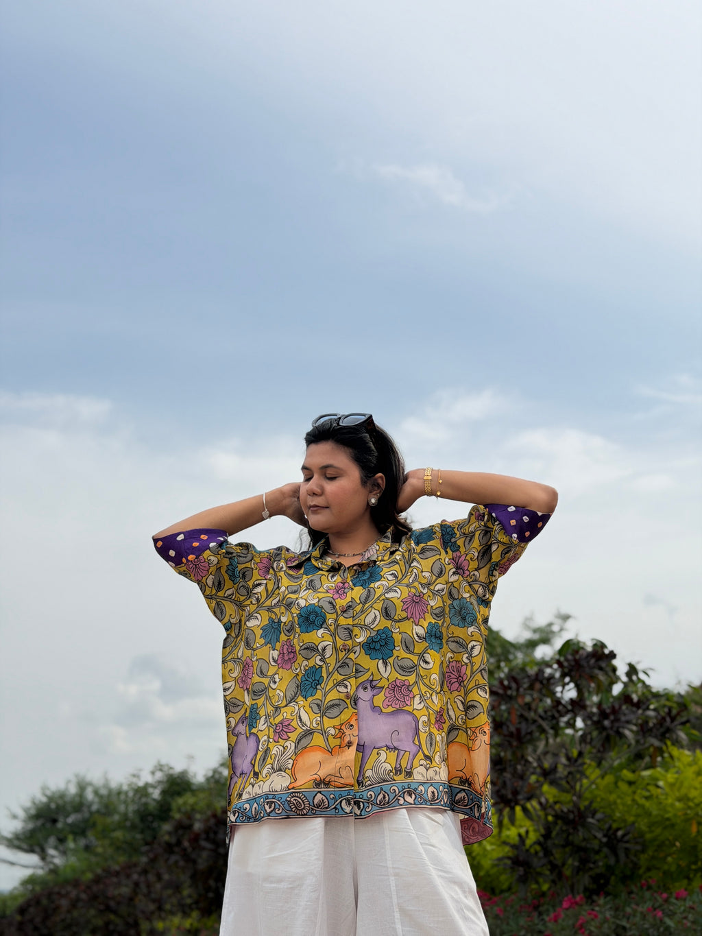 Hand-Painted Pen Kalamkari Bandhini Cotton Silk Shirt - 3