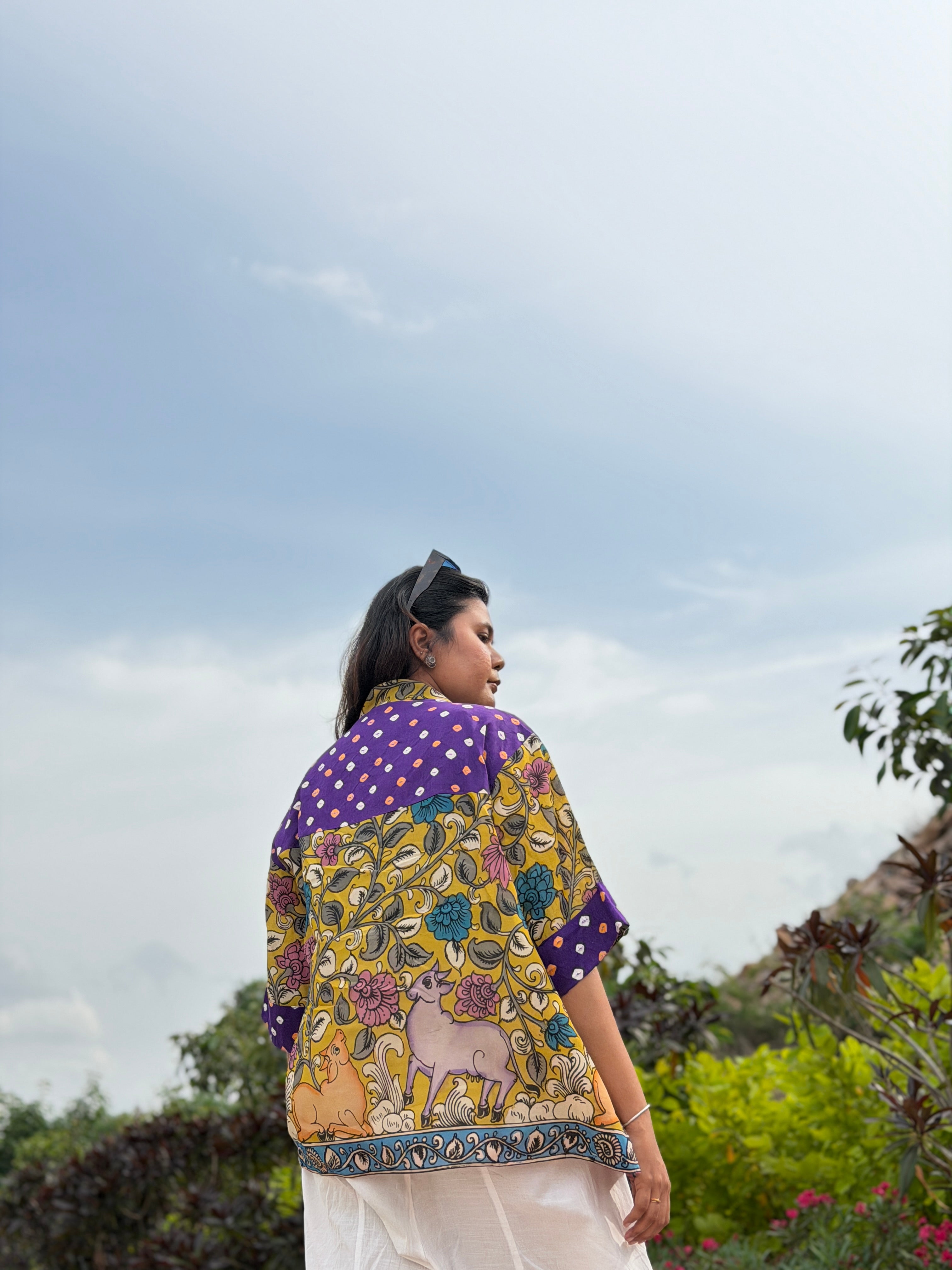 Hand-Painted Pen Kalamkari Bandhini Cotton Silk Shirt - 3
