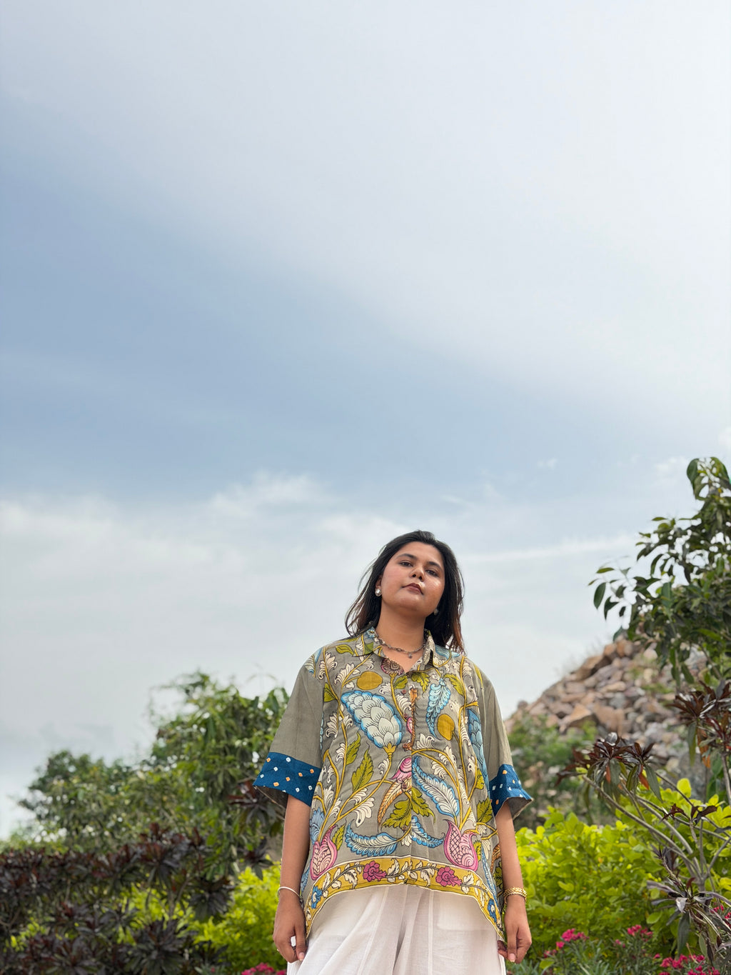 Hand-Painted Pen Kalamkari Bandhini Cotton Silk Shirt -4