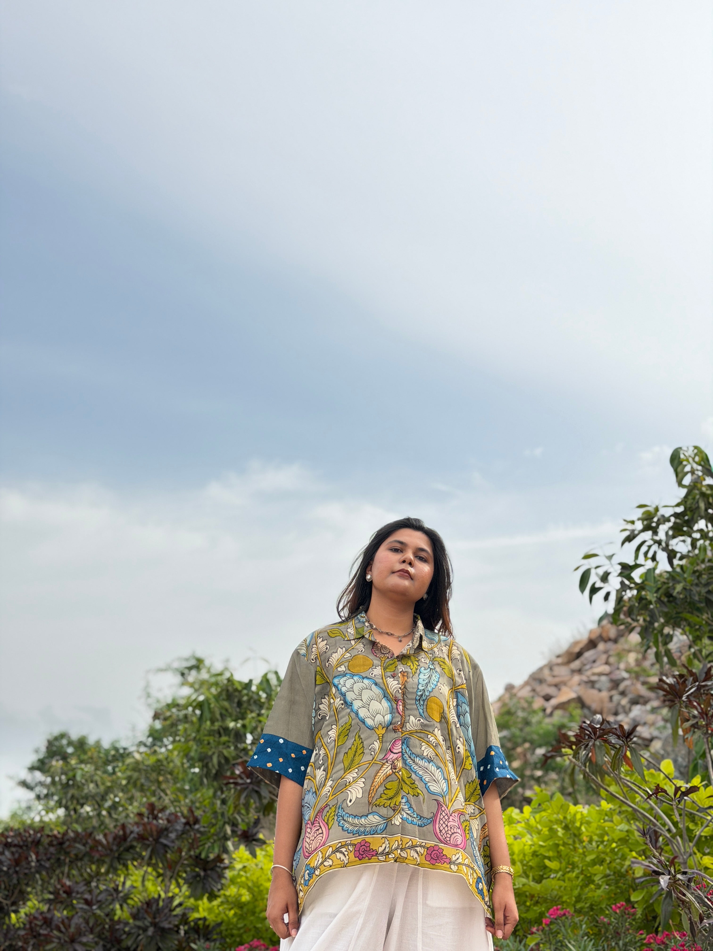 Hand-Painted Pen Kalamkari Bandhini Cotton Silk Shirt -4