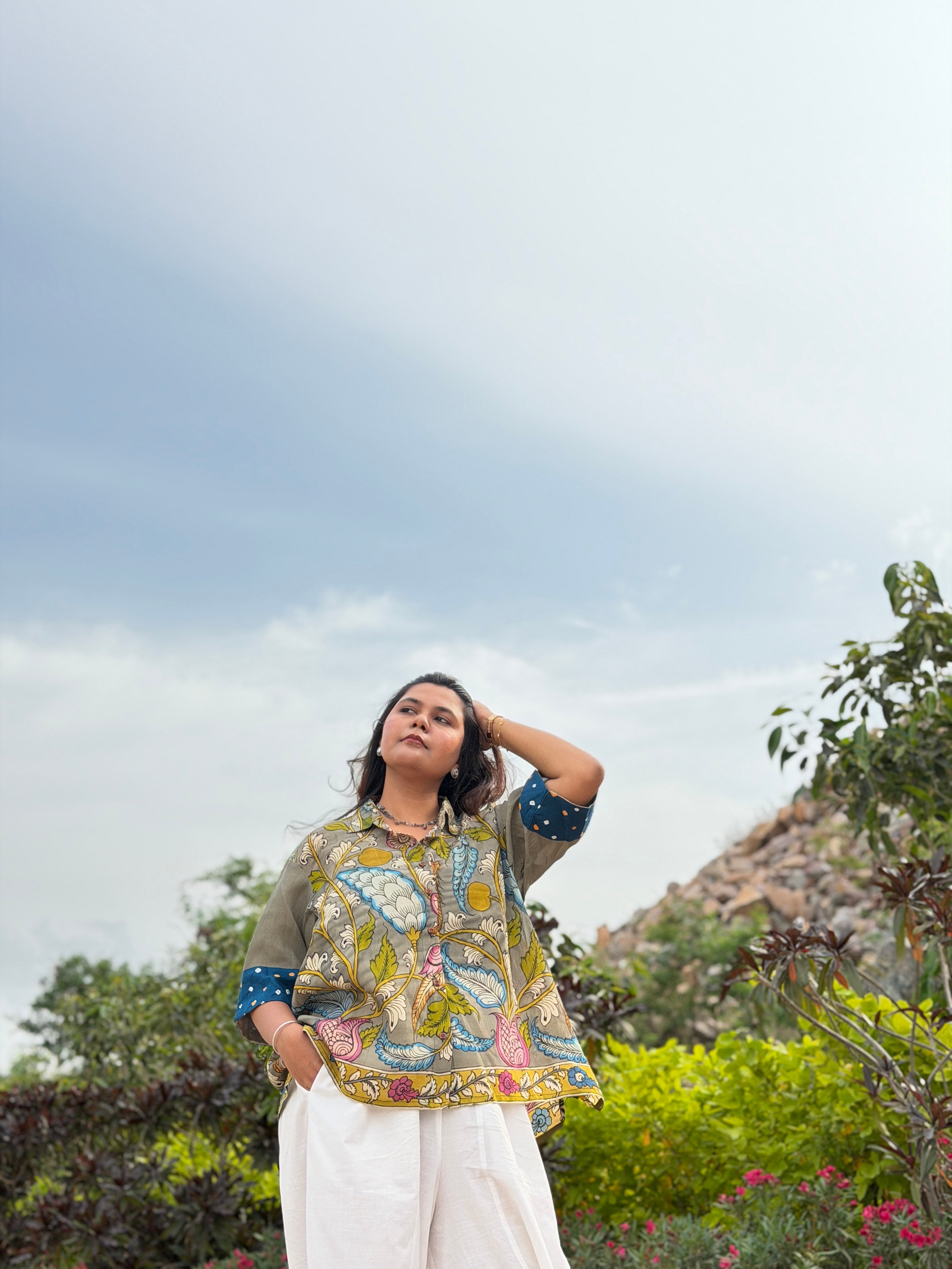 Hand-Painted Pen Kalamkari Bandhini Cotton Silk Shirt -4