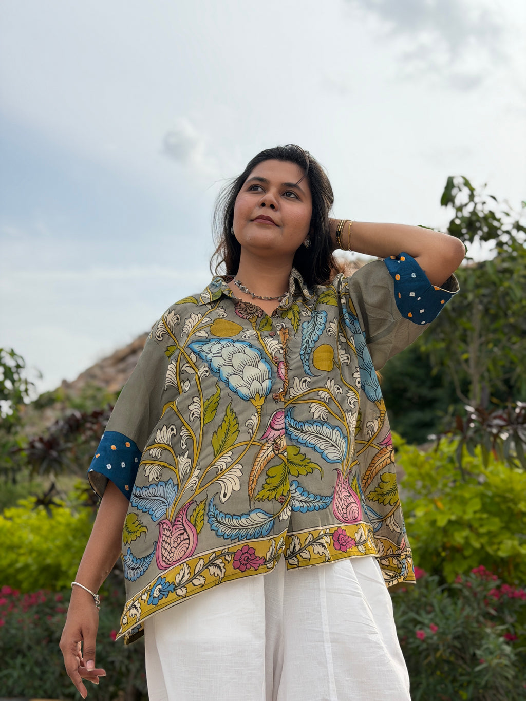 Hand-Painted Pen Kalamkari Bandhini Cotton Silk Shirt -4