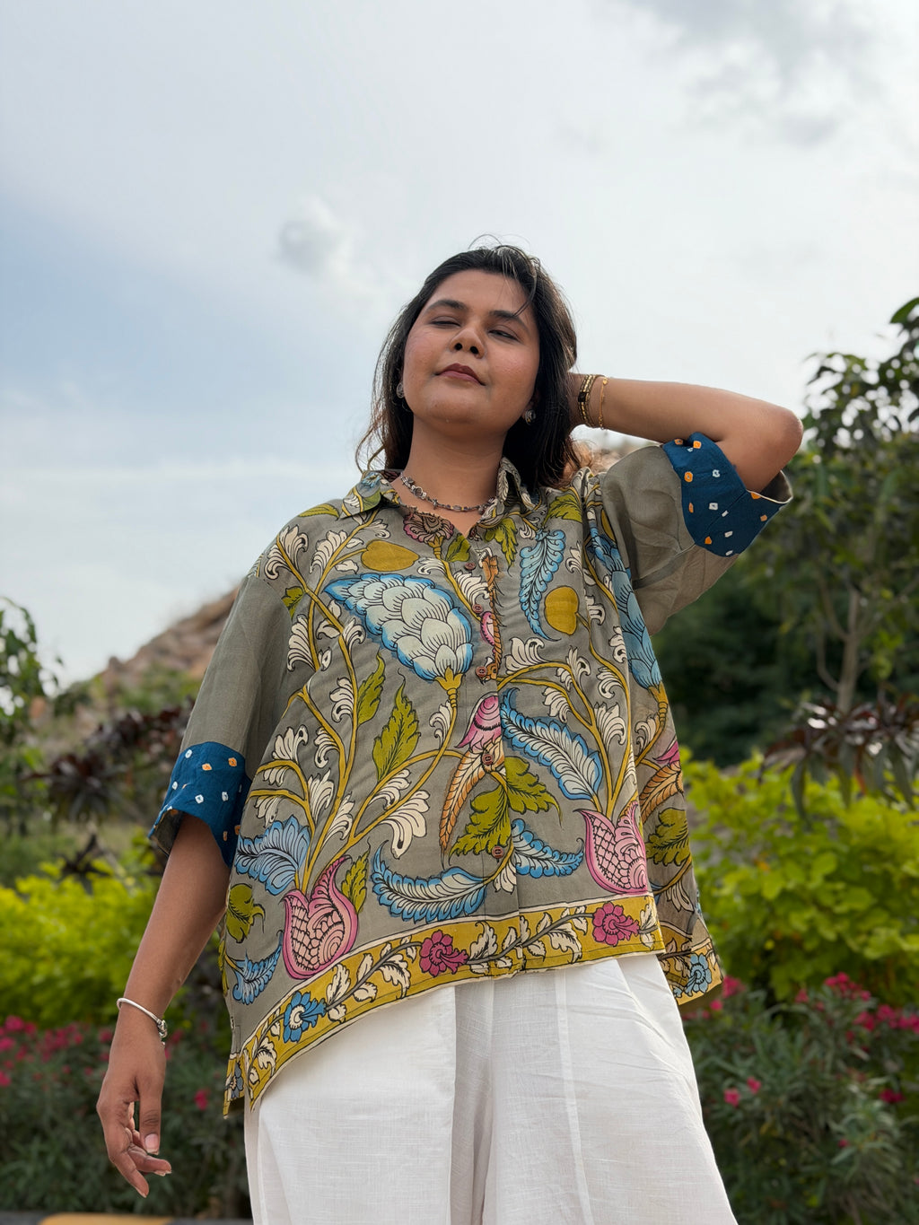 Hand-Painted Pen Kalamkari Bandhini Cotton Silk Shirt -4
