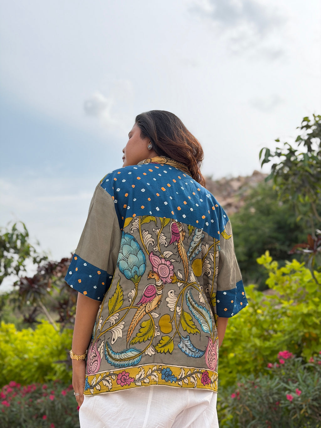 Hand-Painted Pen Kalamkari Bandhini Cotton Silk Shirt -4