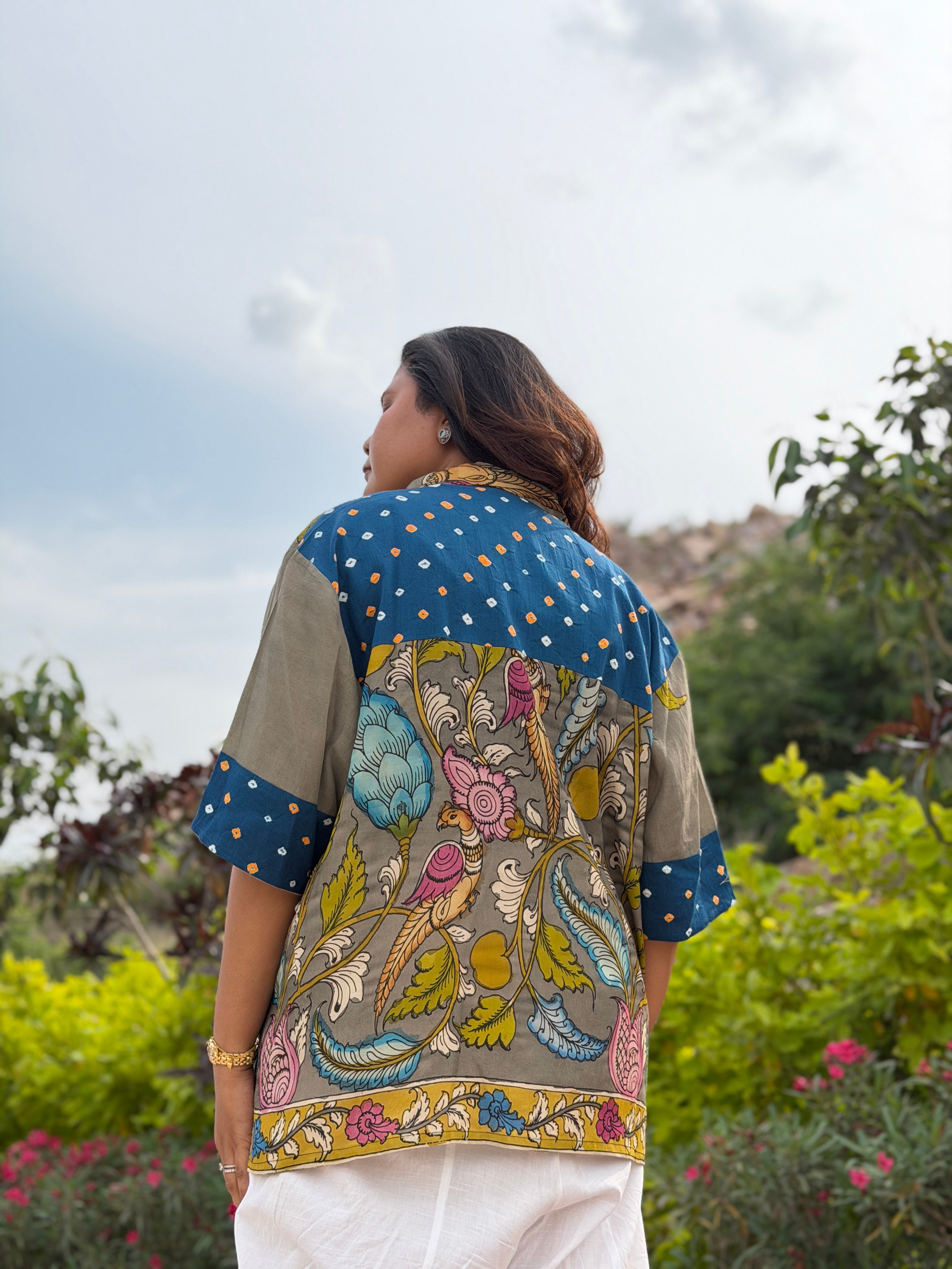 Hand-Painted Pen Kalamkari Bandhini Cotton Silk Shirt -4