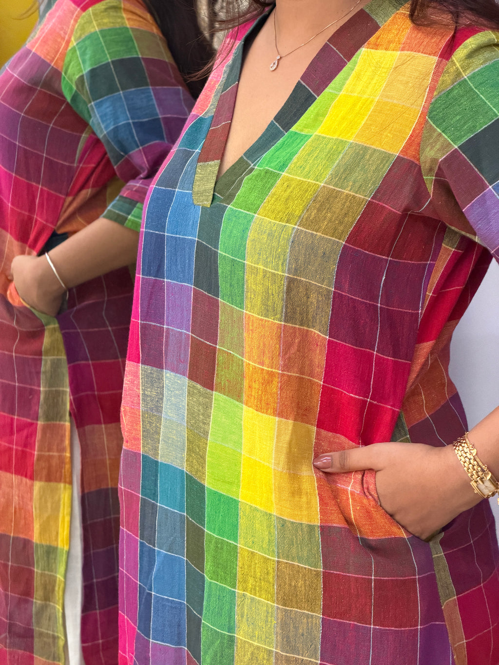 Rainbow Checks Handloom Kala Cotton Kurta