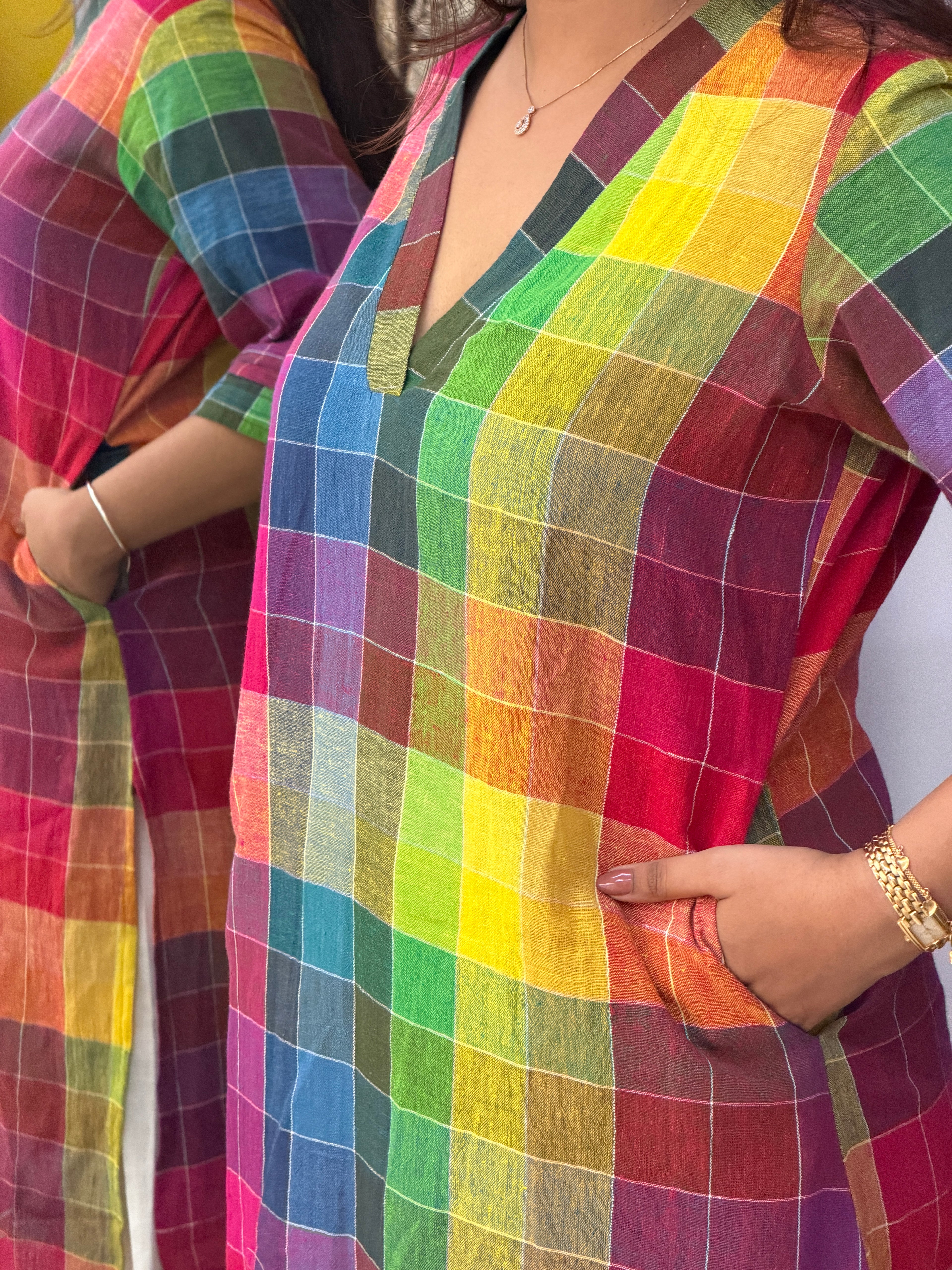 Rainbow Checks Handloom Kala Cotton Kurta