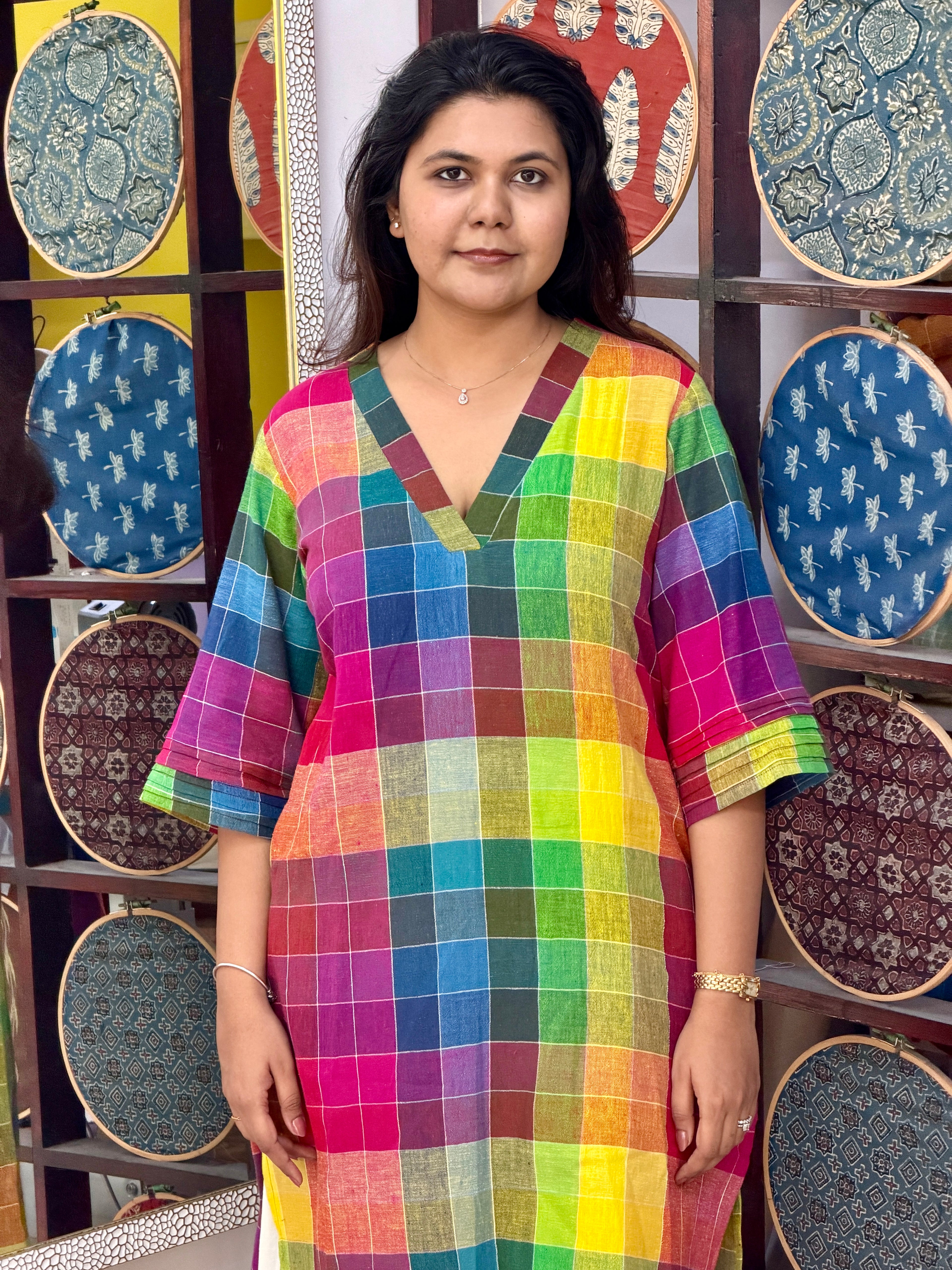Rainbow Checks Handloom Kala Cotton Kurta