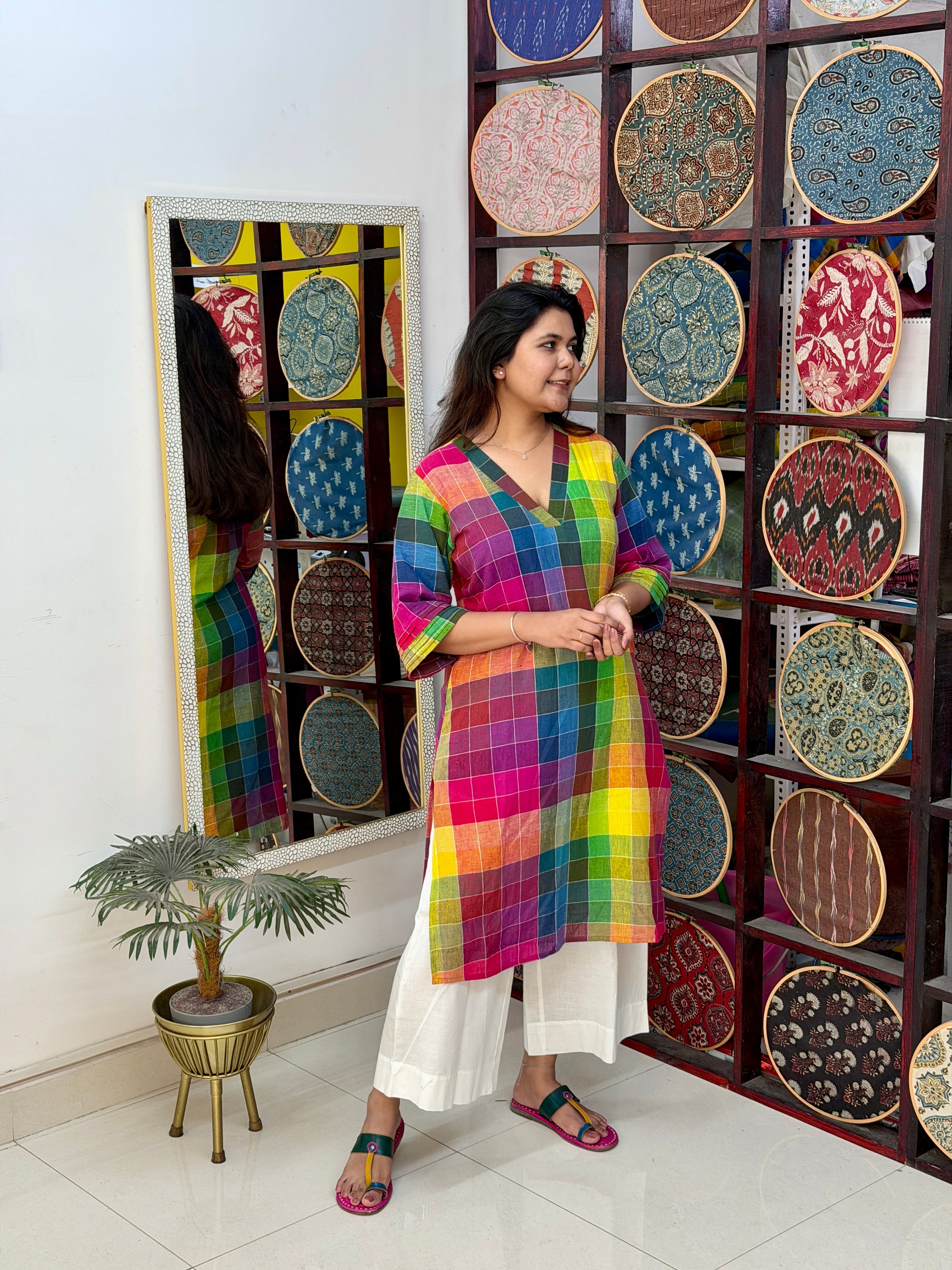 Rainbow Checks Handloom Kala Cotton Kurta