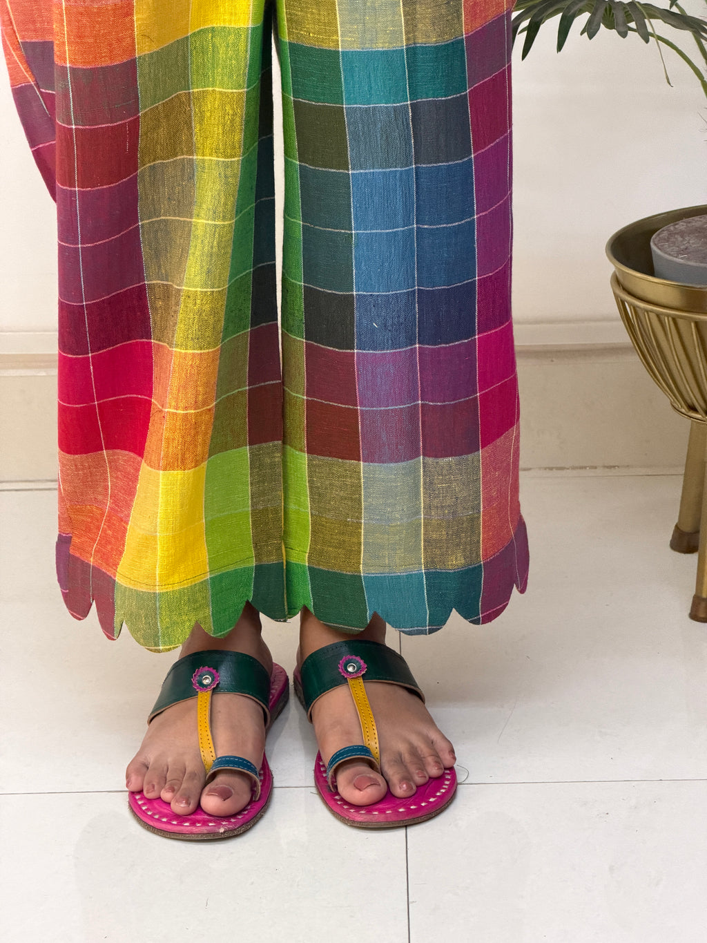 Rainbow Checks Handloom Kala Cotton Scallop Pants