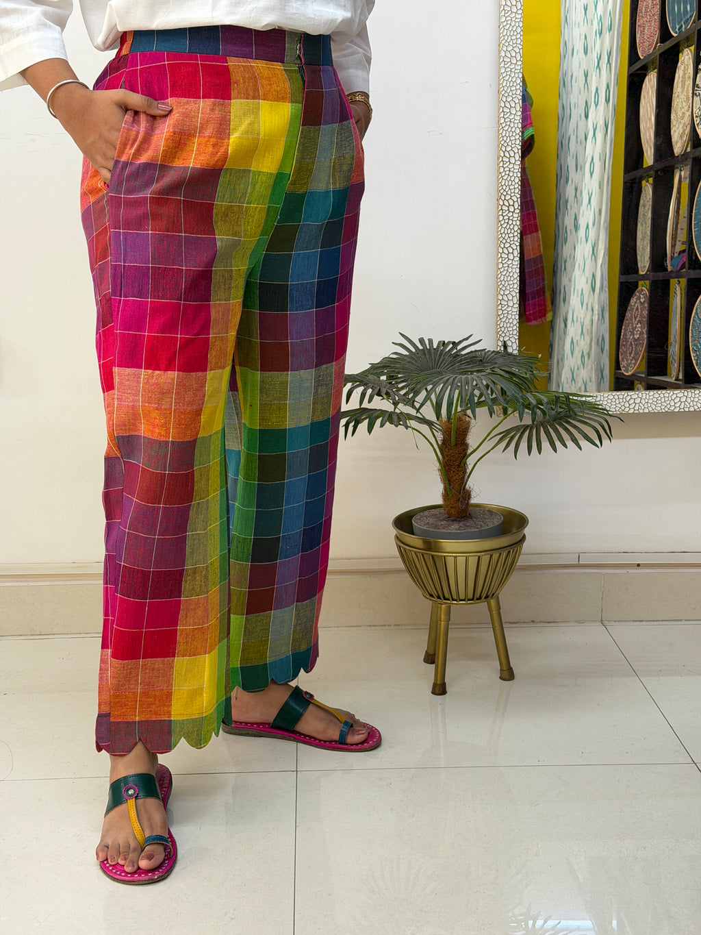 Rainbow Checks Handloom Kala Cotton Scallop Pants
