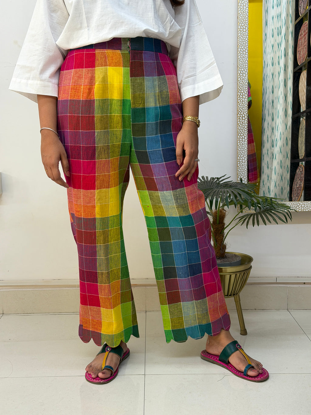 Rainbow Checks Handloom Kala Cotton Scallop Pants