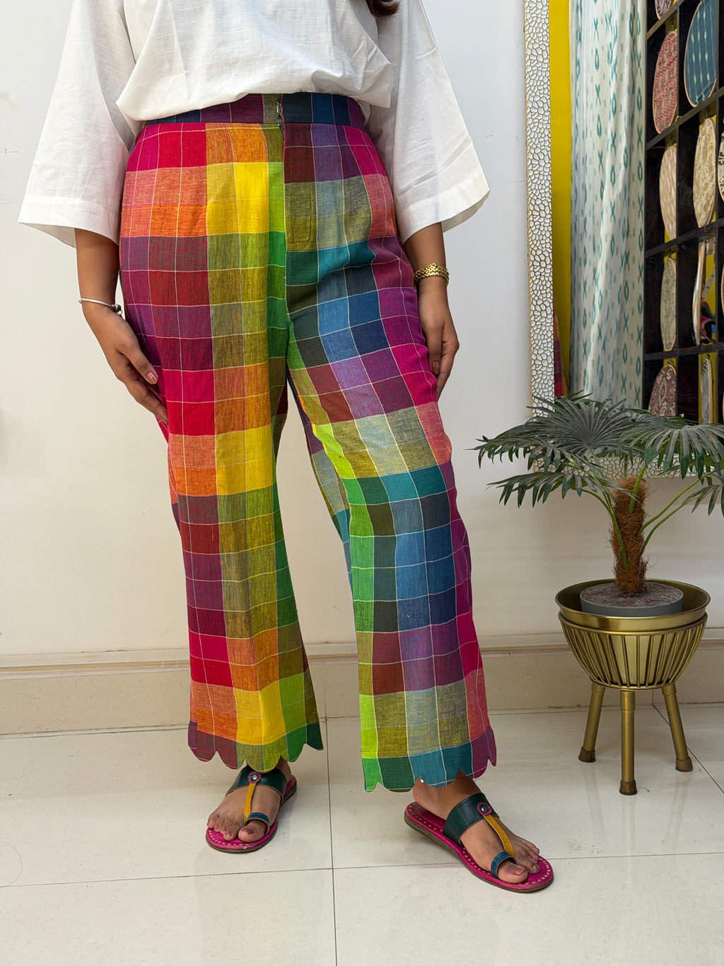 Rainbow Checks Handloom Kala Cotton Scallop Pants