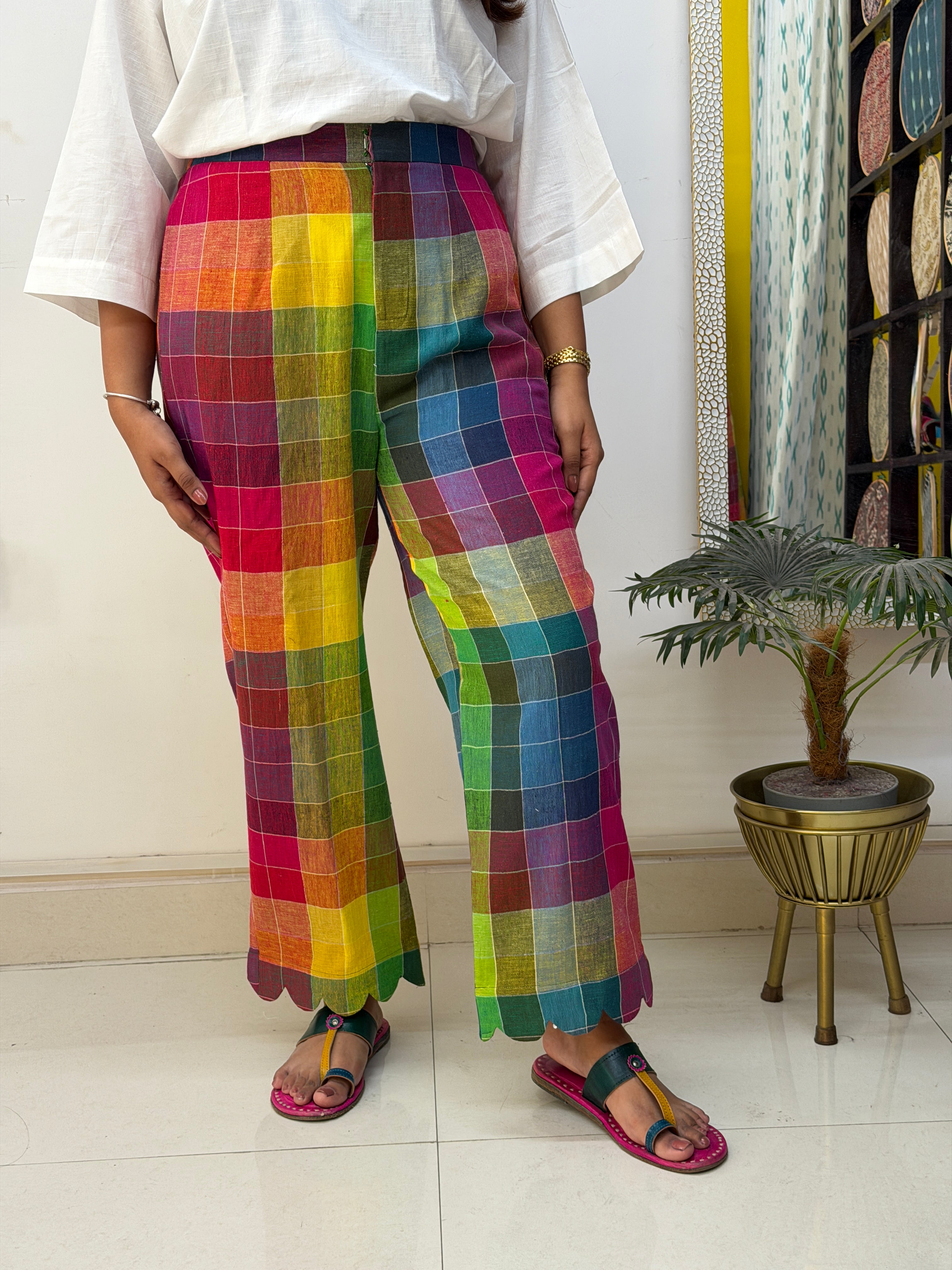 Rainbow Checks Handloom Kala Cotton Scallop Pants