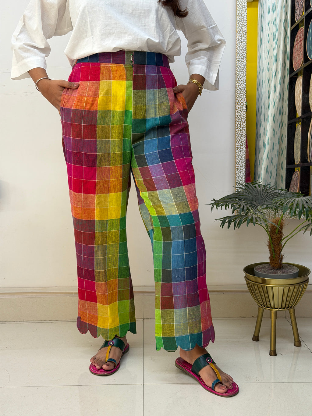 Rainbow Checks Handloom Kala Cotton Scallop Pants