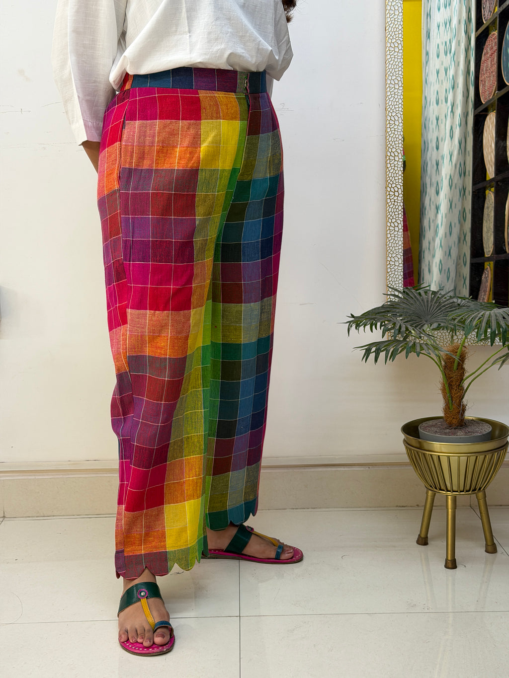 Rainbow Checks Handloom Kala Cotton Scallop Pants