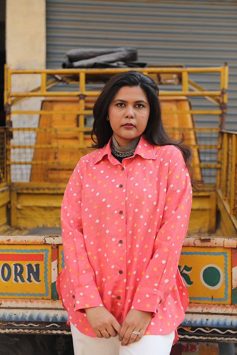 Cotton bandhini shirt - Peach