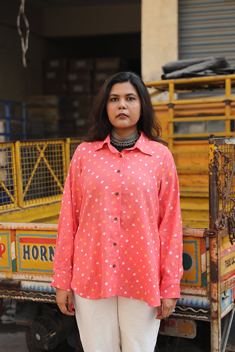 Cotton bandhini shirt - Peach