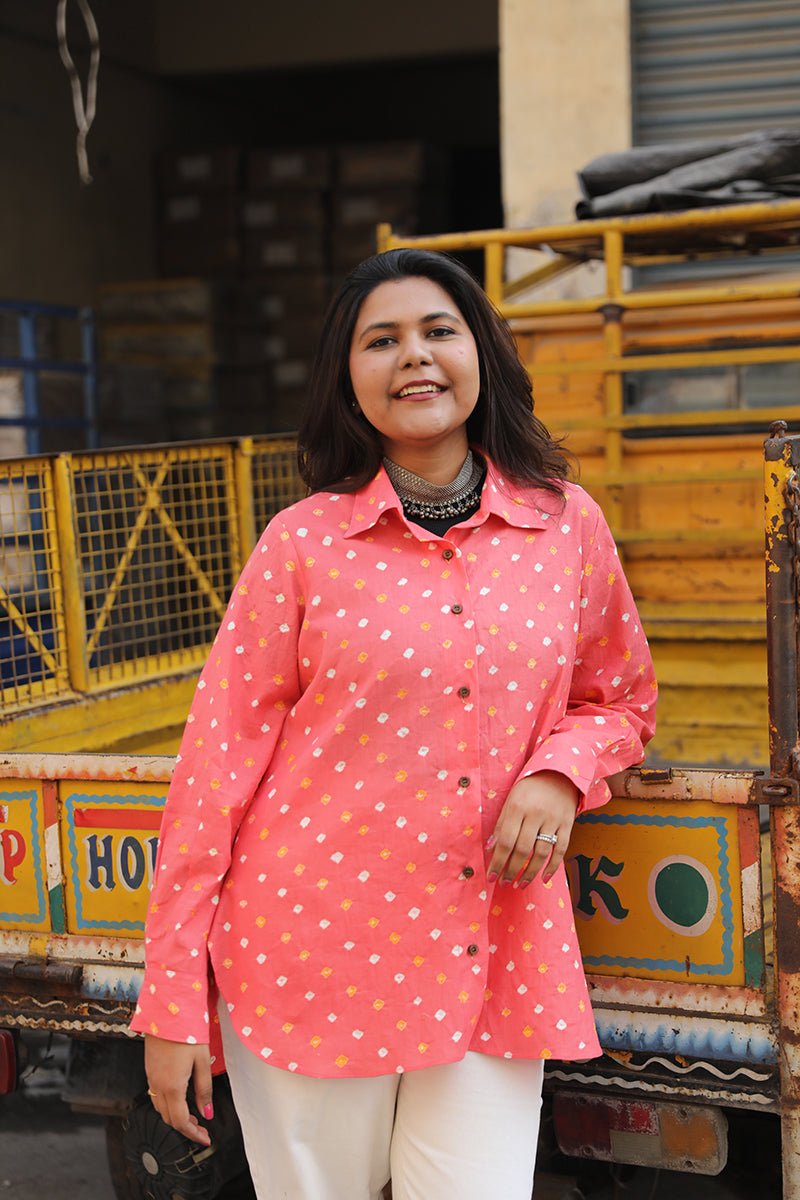 Cotton bandhini shirt - Peach