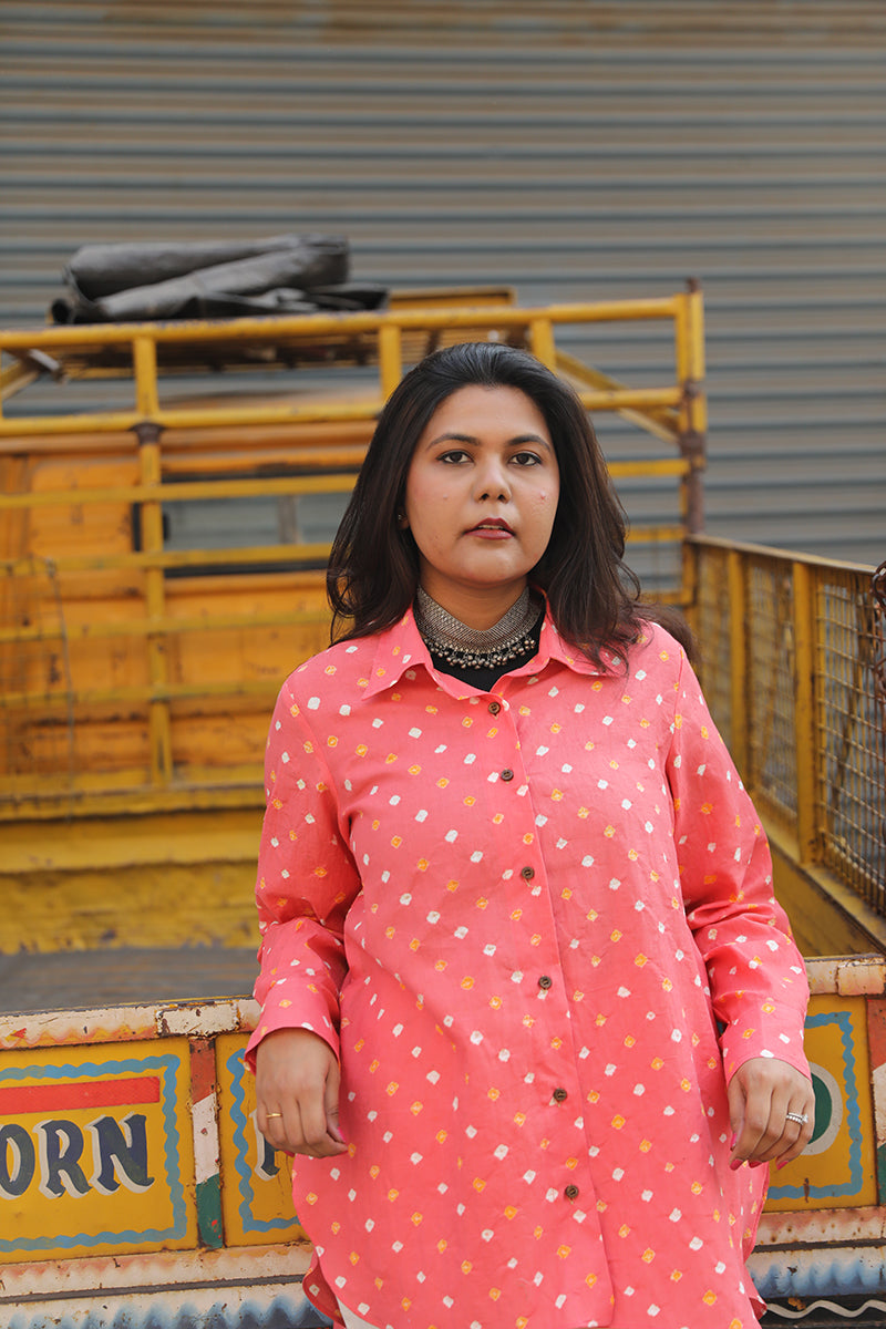 Cotton bandhini shirt - Peach