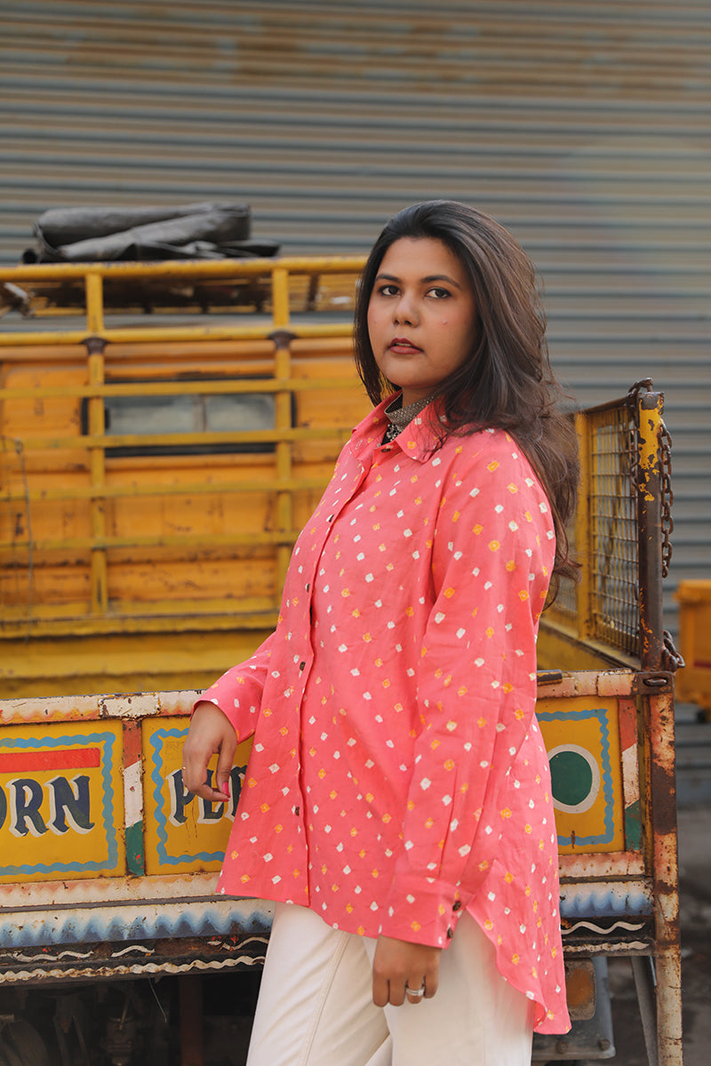 Cotton bandhini shirt - Peach