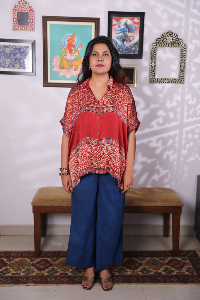 Handblock printed Ajrakh modal silk Anti fit shirt