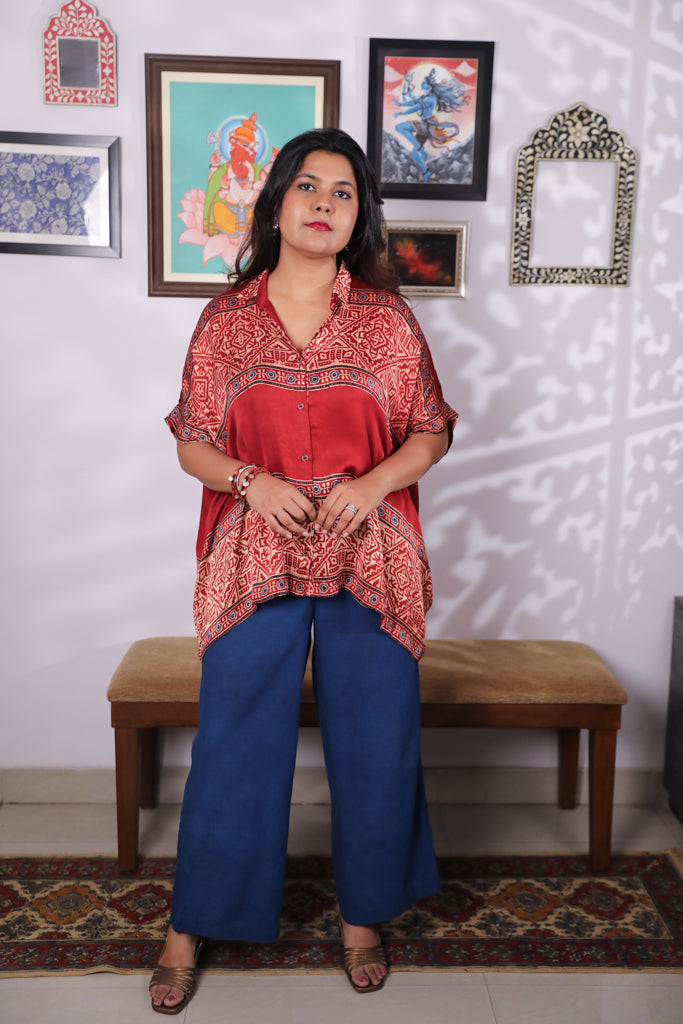Handblock printed Ajrakh modal silk Anti fit shirt