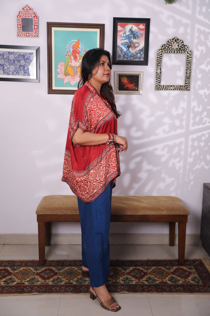 Handblock printed Ajrakh modal silk Anti fit shirt