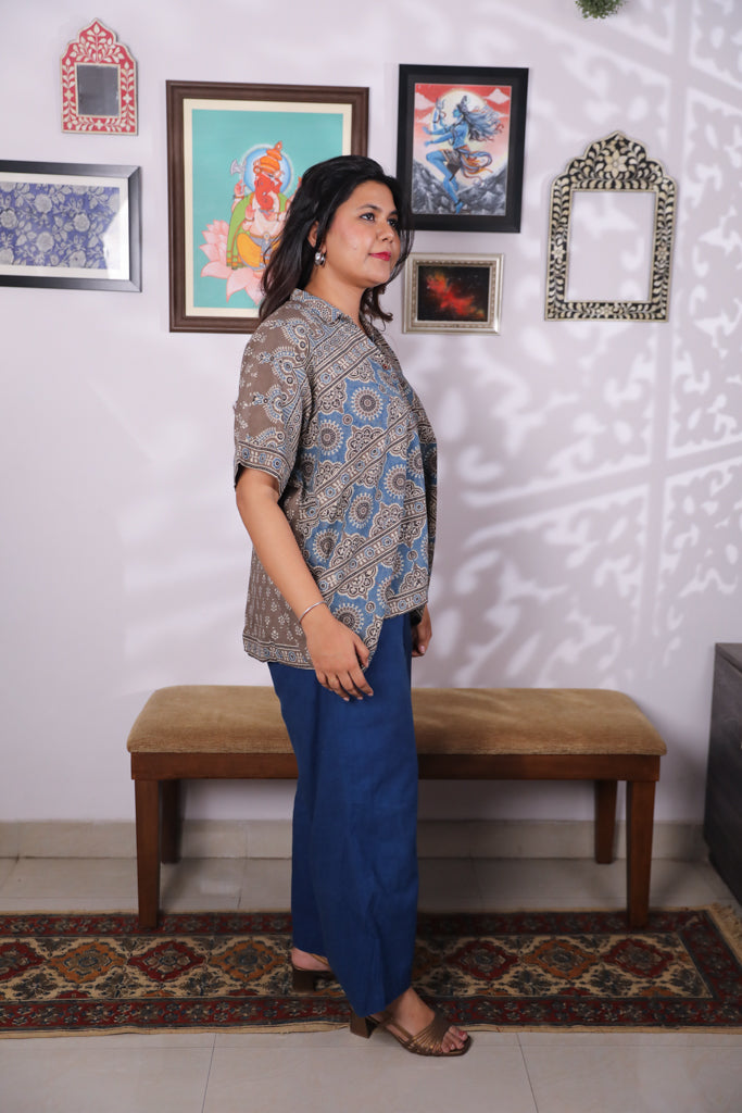 Handblock printed Ajrakh Anti fit shirt