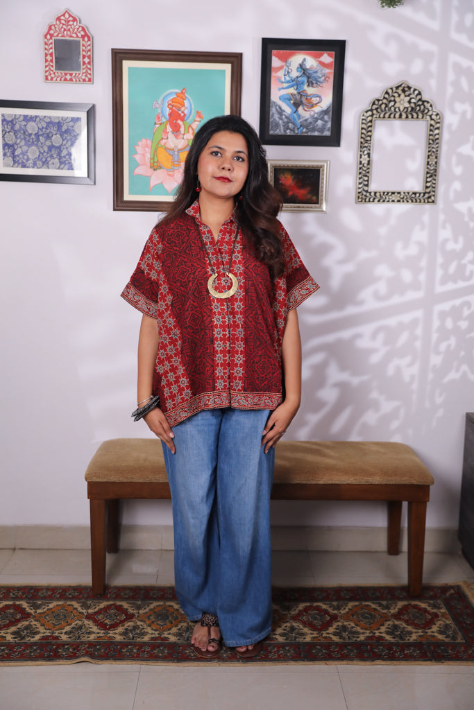 Handblock printed Ajrakh Anti fit shirt - 3