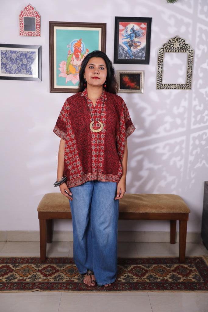 Handblock printed Ajrakh Anti fit shirt - 3