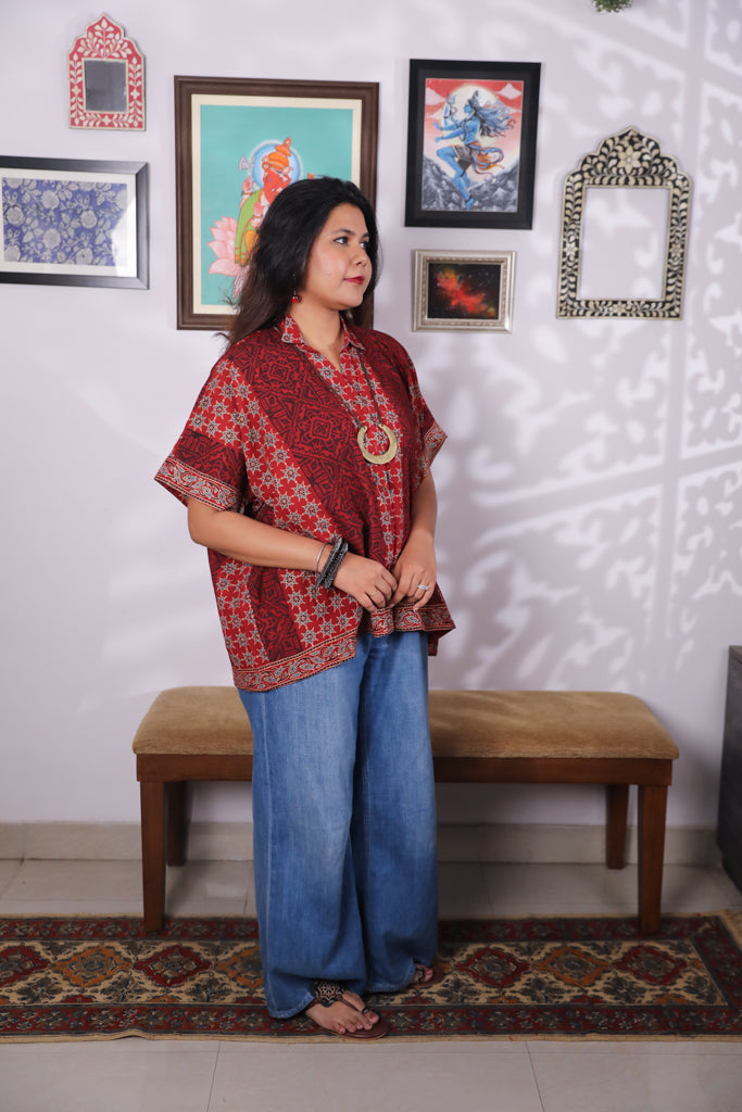 Handblock printed Ajrakh Anti fit shirt - 3