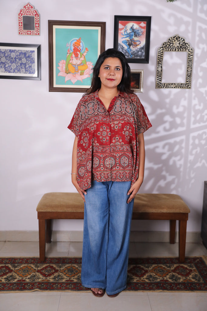 Handblock printed Ajrakh Anti fit shirt - 4