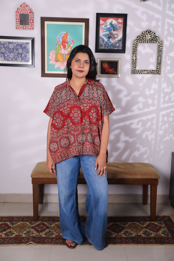 Handblock printed Ajrakh Anti fit shirt - 4