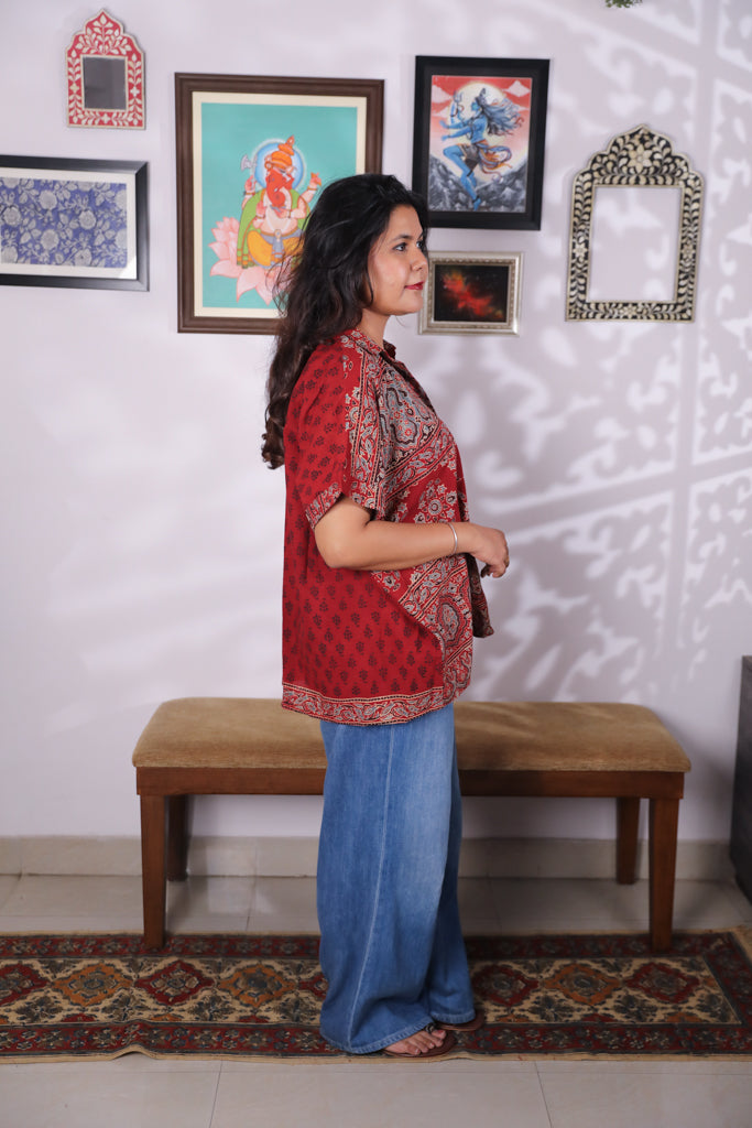 Handblock printed Ajrakh Anti fit shirt - 4